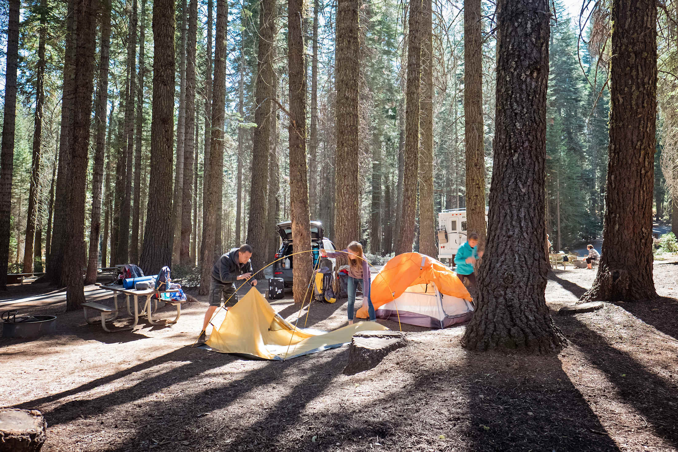 A family sets up camp in Yosemite National Park, image