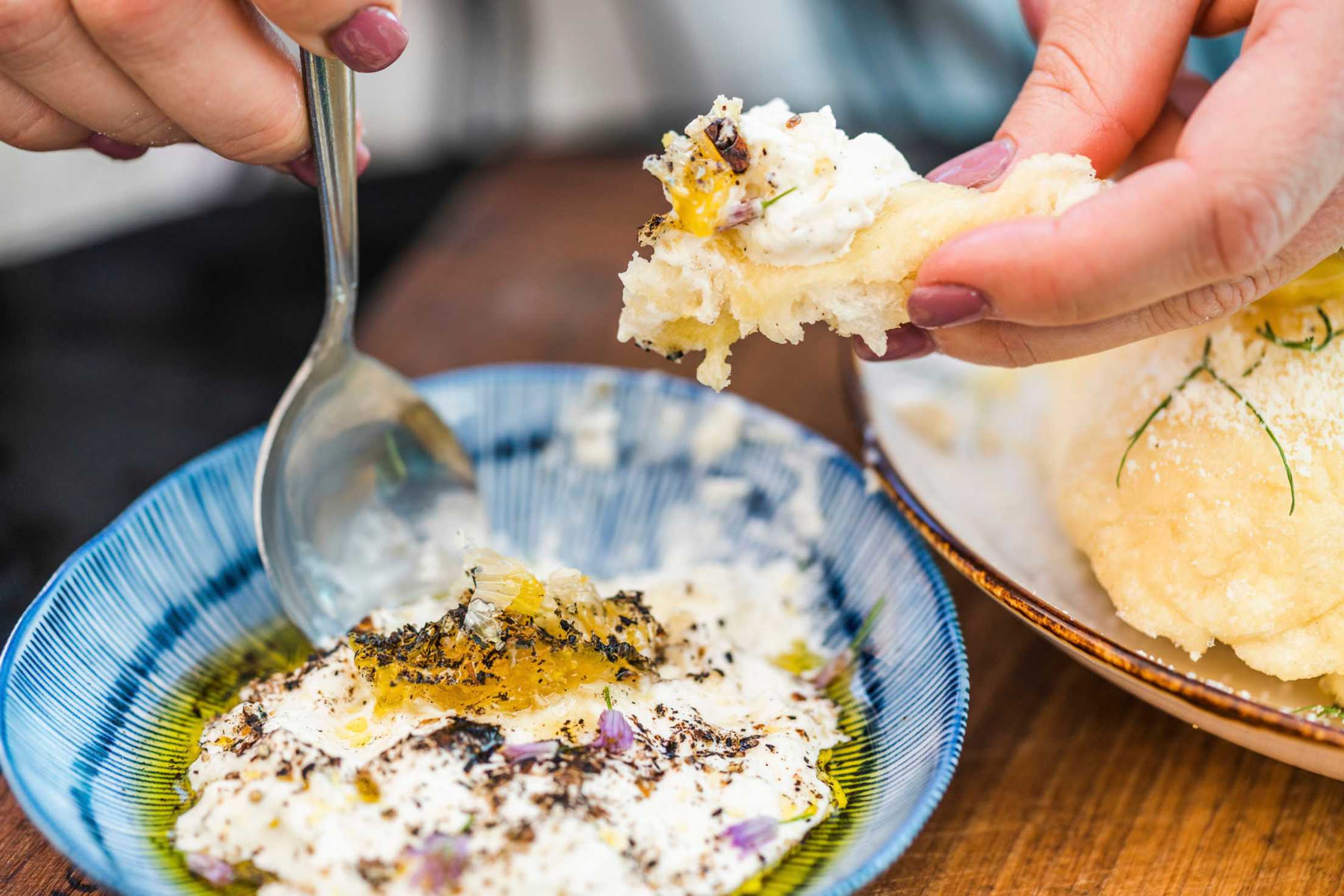 Burrata with honeycomb at Portland food pod, Gumba