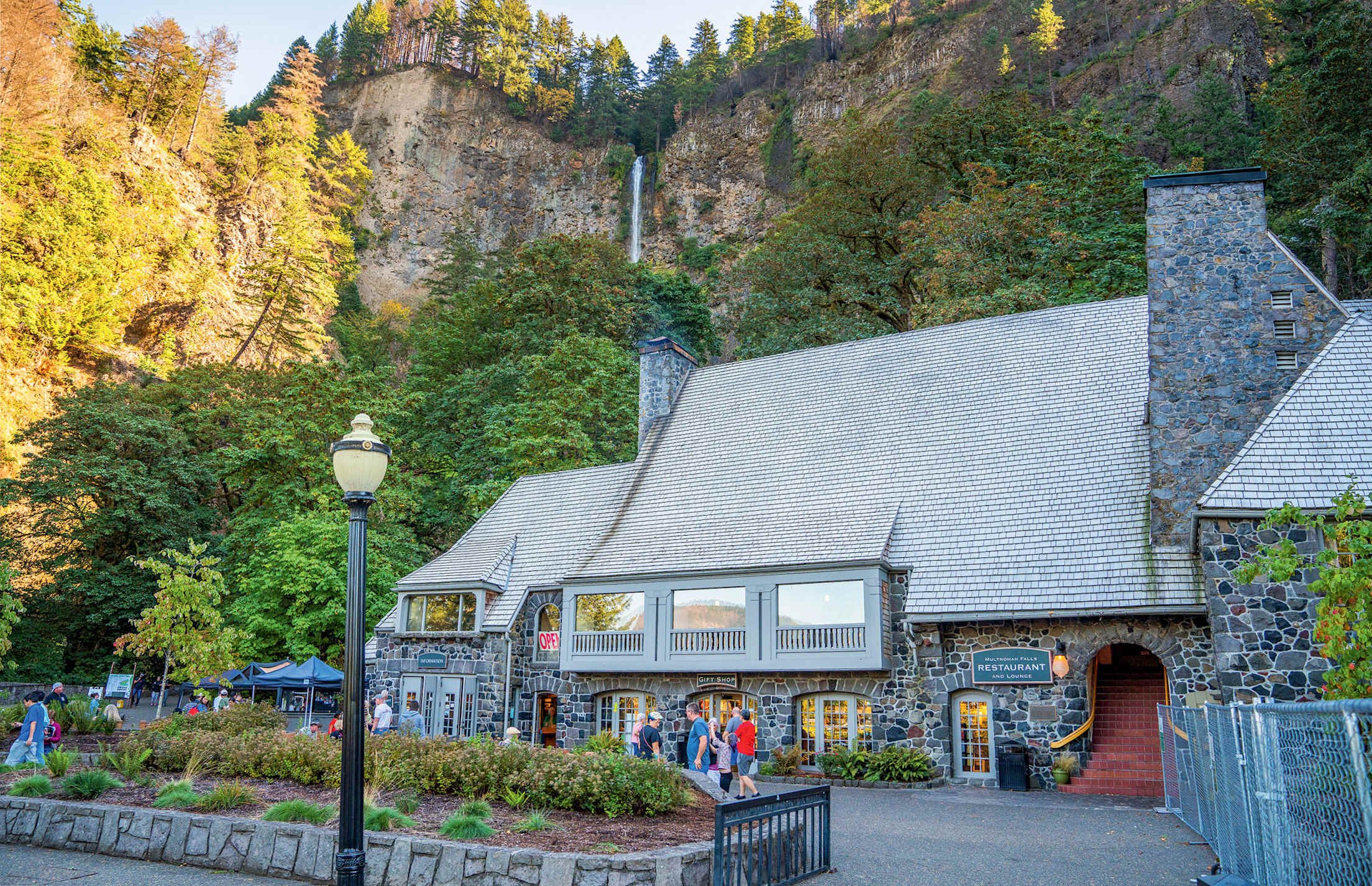 looking at the exterior of the Multnomah Falls Lodge exterior in Bridal Veil, Oregon