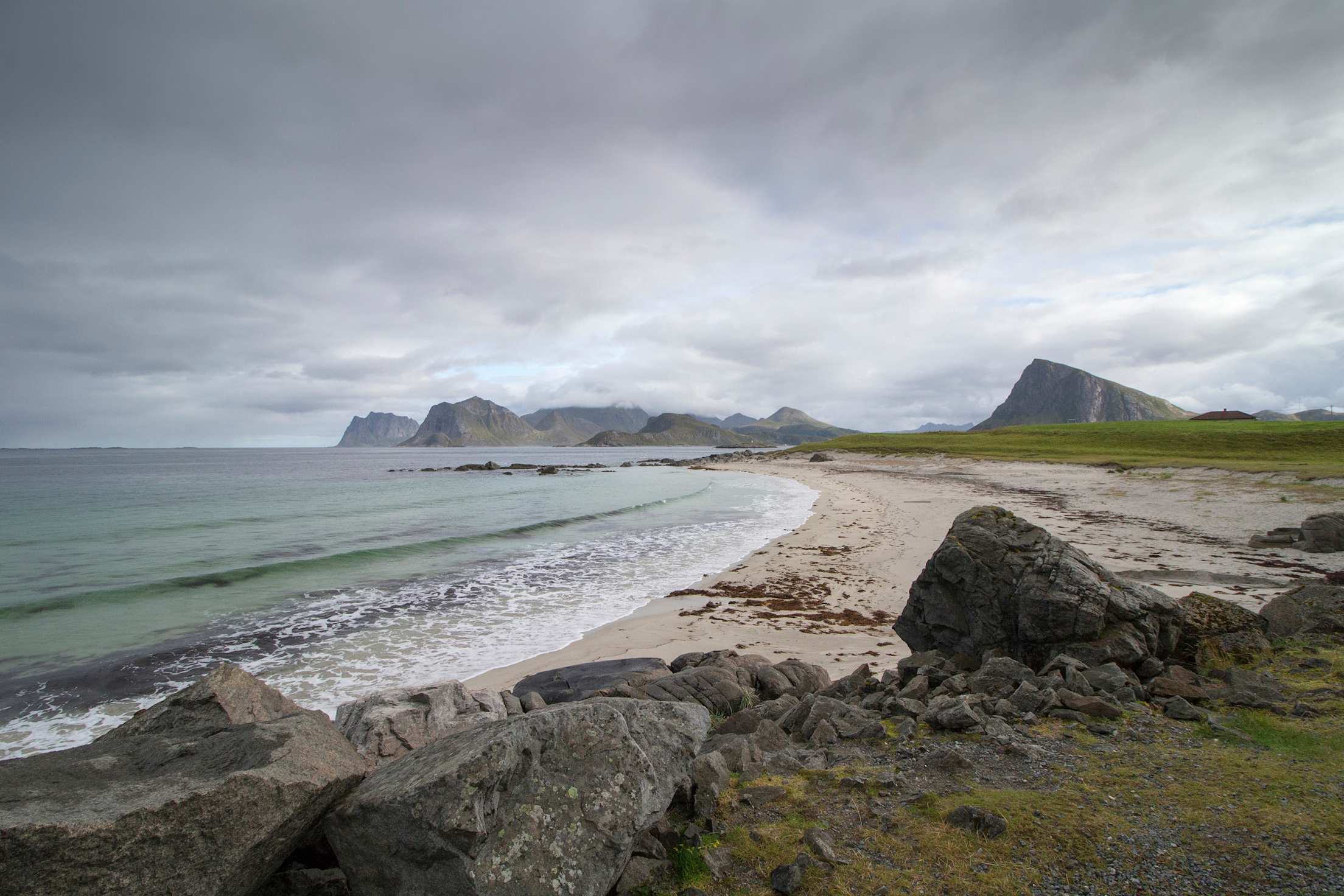 Overcast day at Storsandnes Beach in Flakstadøy on the Lofoten Islands, Norway.