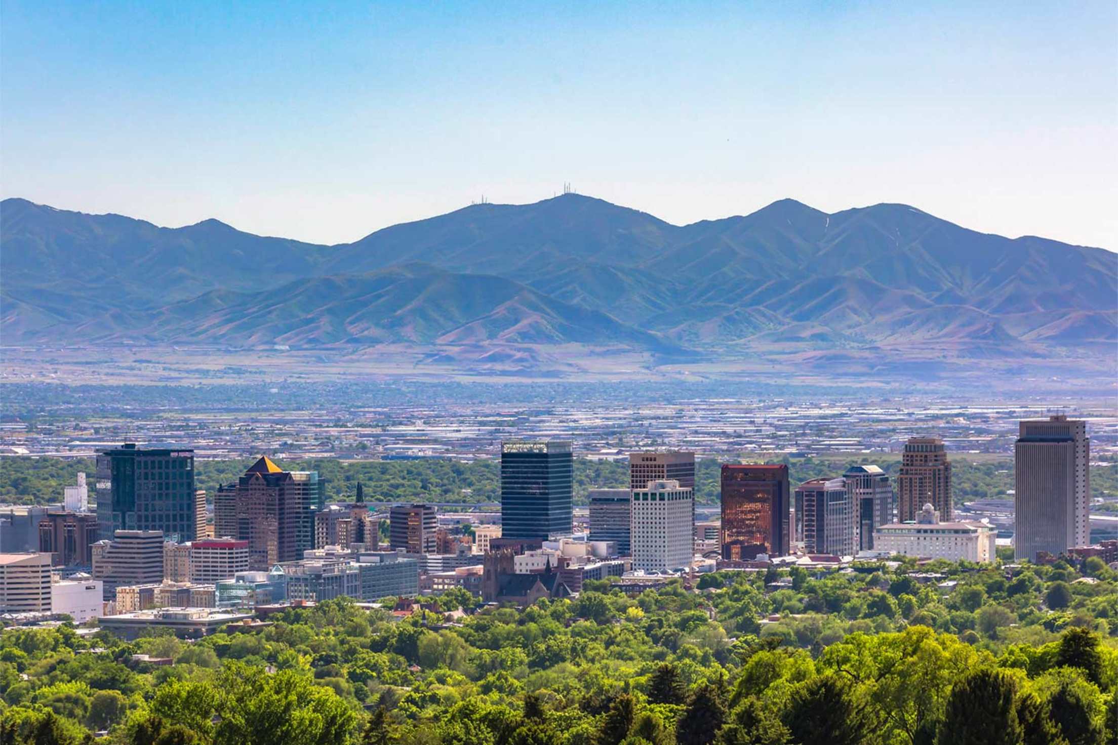 salt lake city skyline with the wasatch mountains in the background