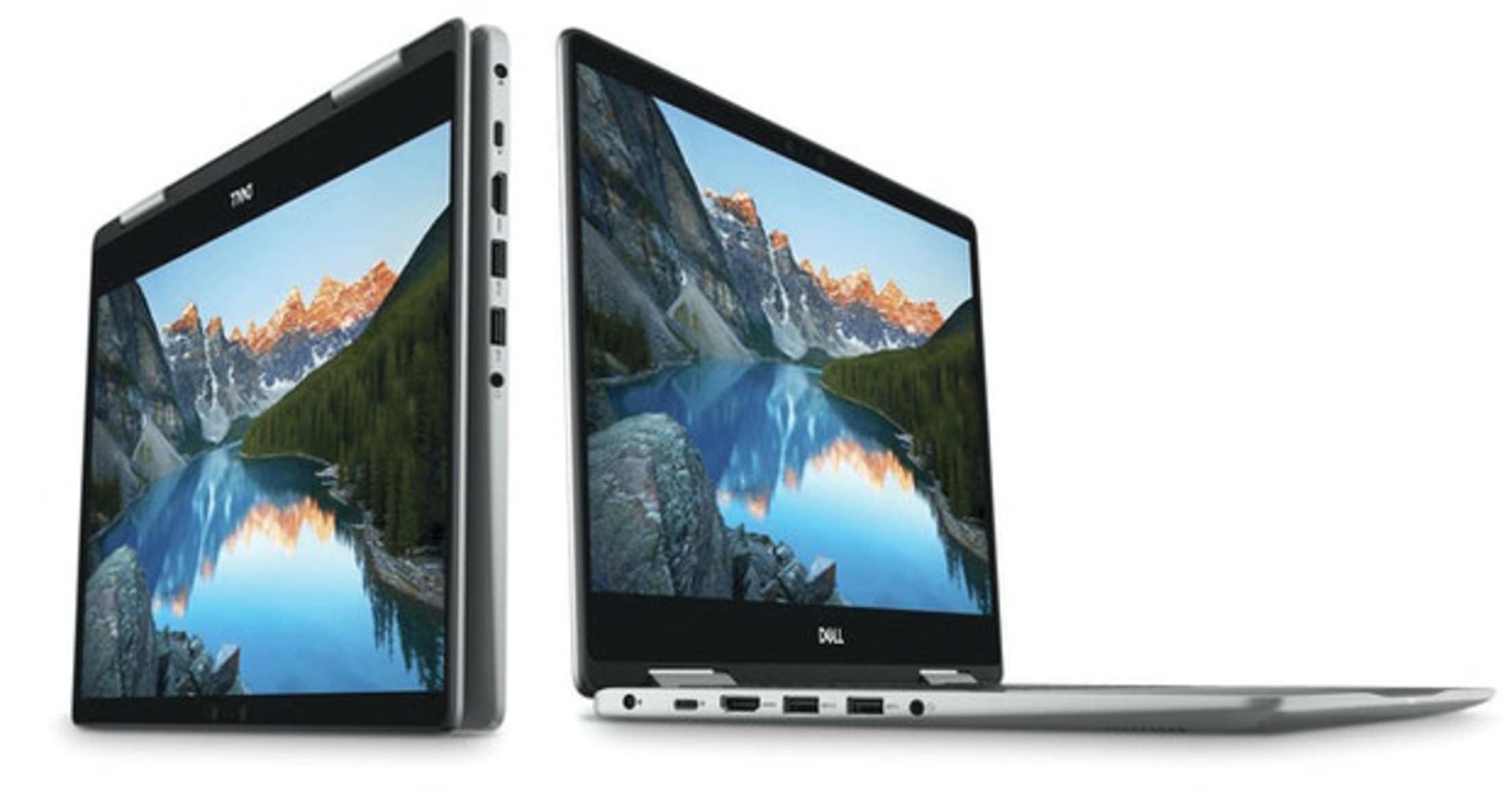 Dell laptop shown open and closed with viewable display in both
