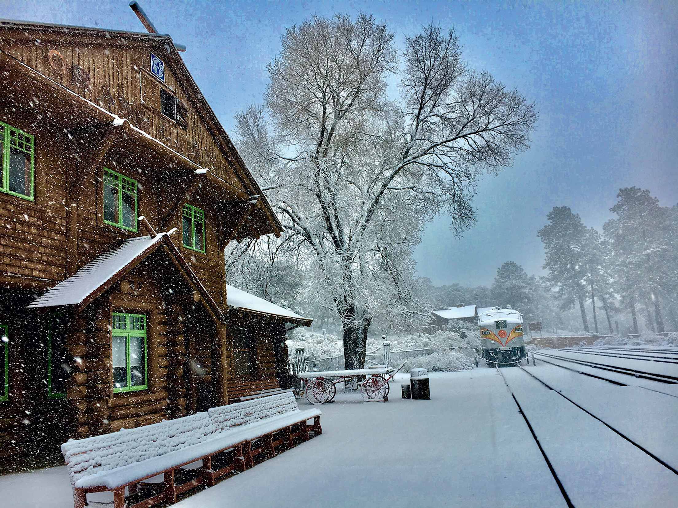 Grand Canyon Railway train station on a snowy winter day at Grand Canyon Village, Arizona