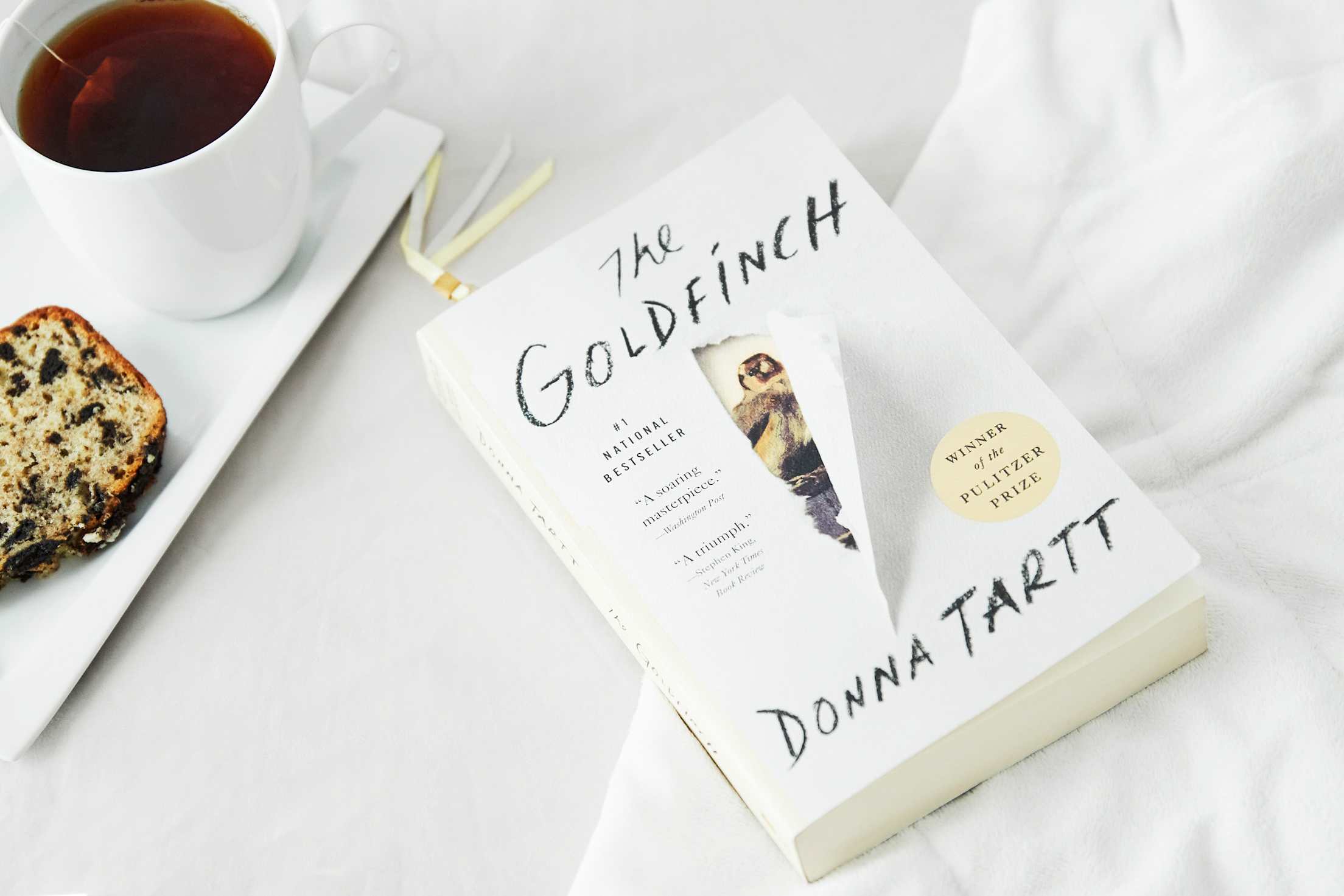 Paperback version of The Goldfinch on the couch.