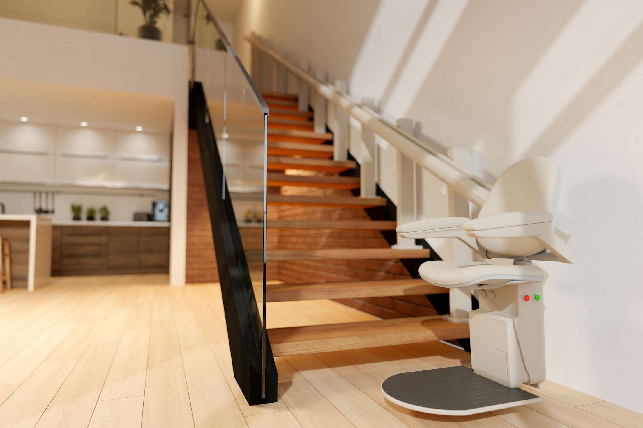 Neutral automatic stair lift on a modern staircase.