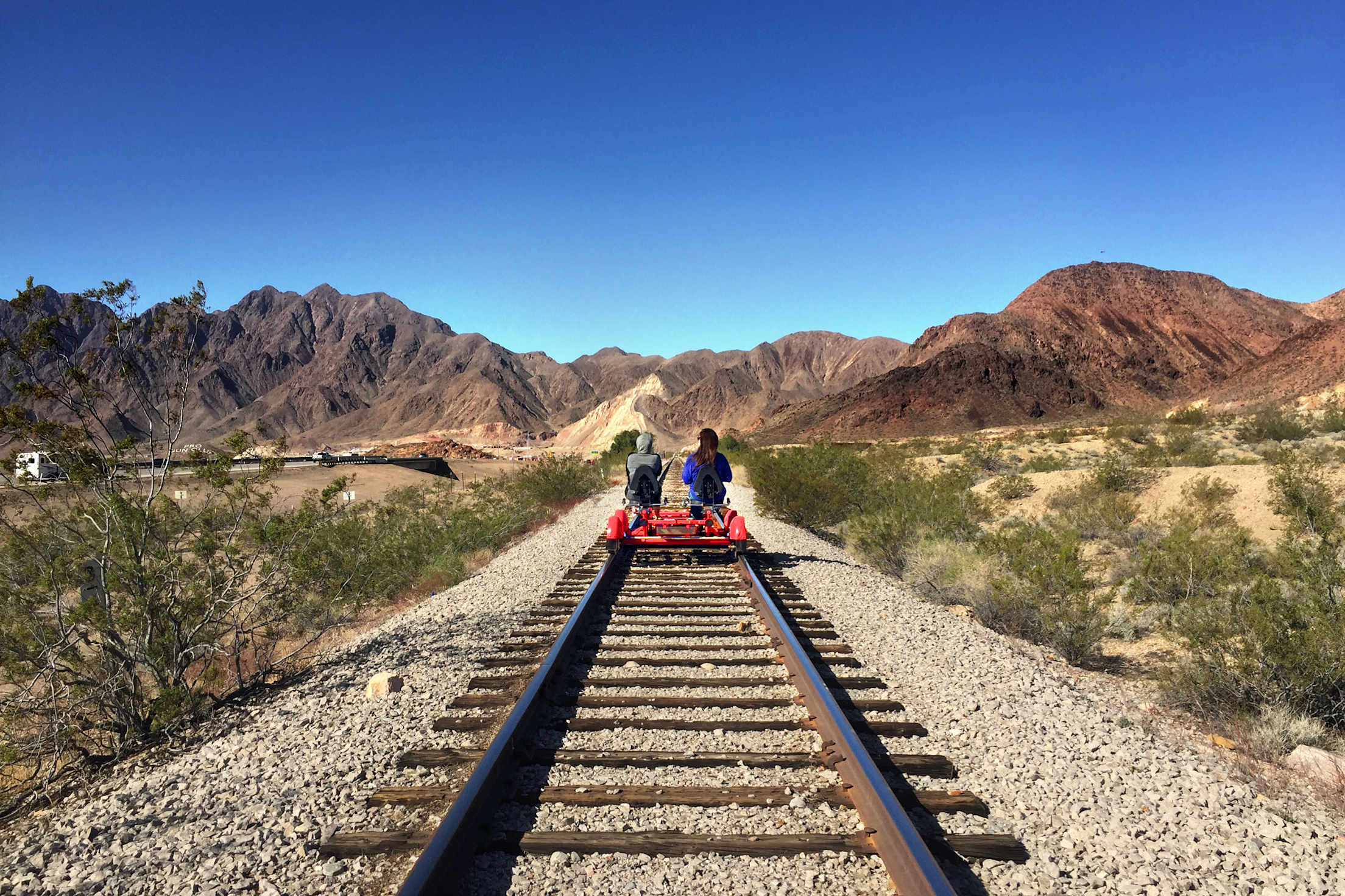 A family rides a railbike outside of Las Vegas.