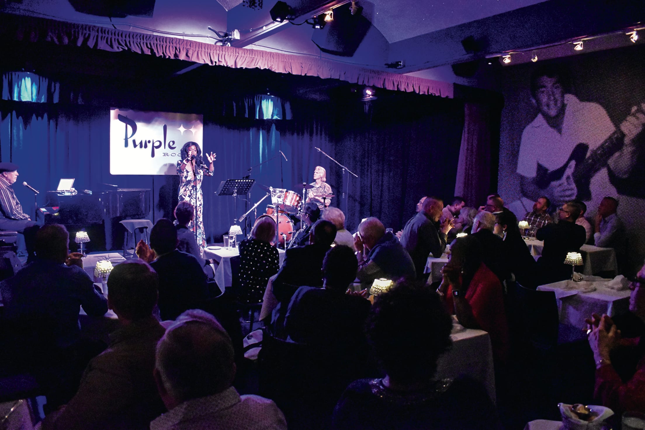 a singer performs onstage for an intimate crowd in the Purple Room in Palm Springs