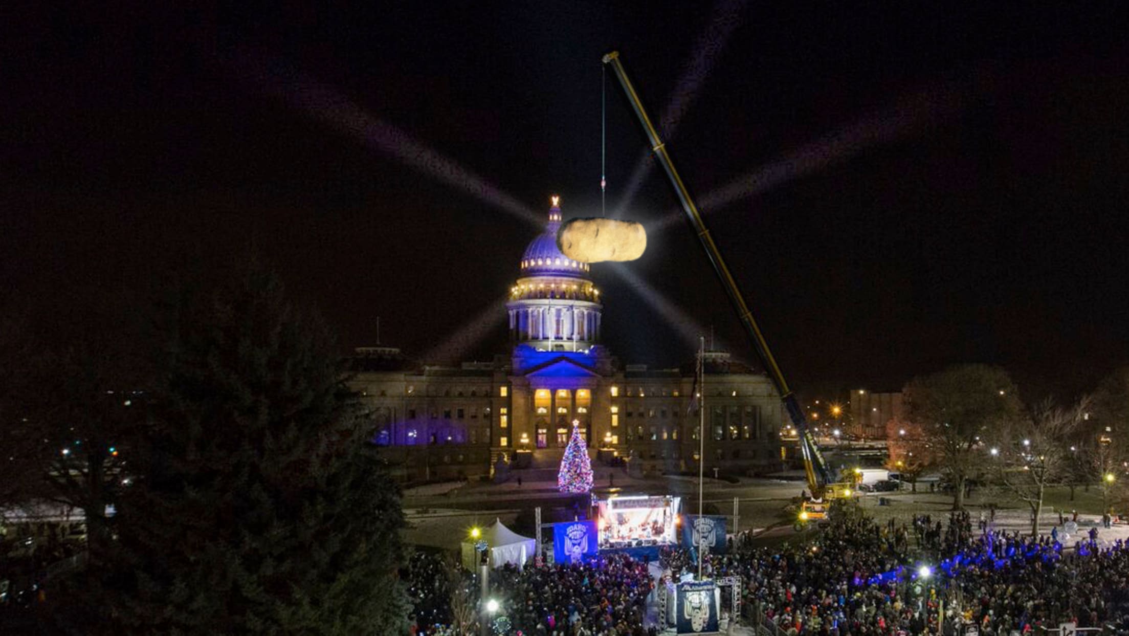the glowtato hangs above downtown Boise, Idaho, during the New Year's Eve event, picture