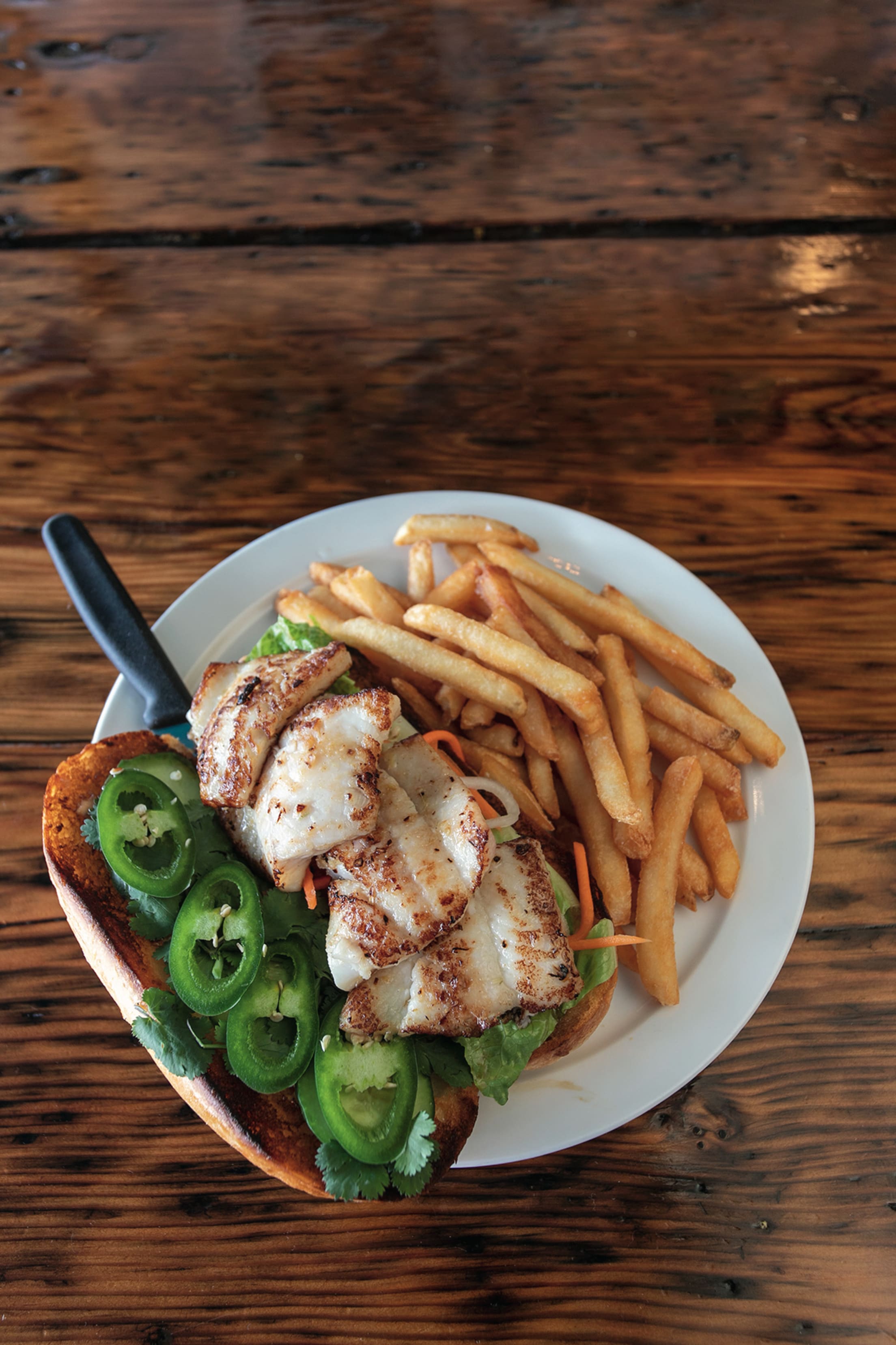 the petrale sole banh mi dish with fries at South Bay Wild Fish House in Astoria, Oregon