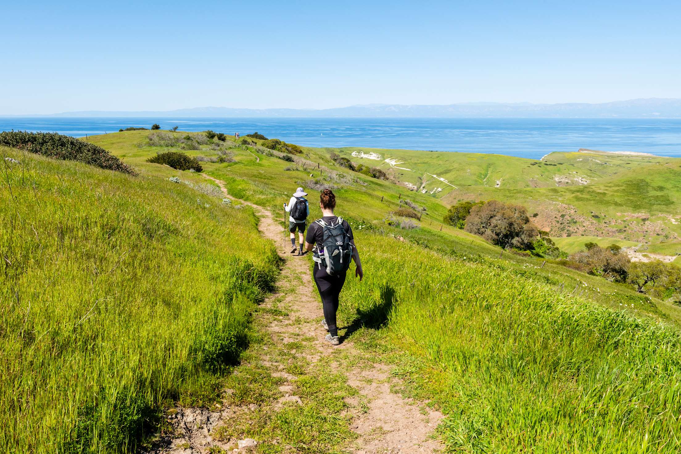 Two people hike the Scorpion Canyon Loop trail on Santa Cruz Island in Channel Islands National Park.