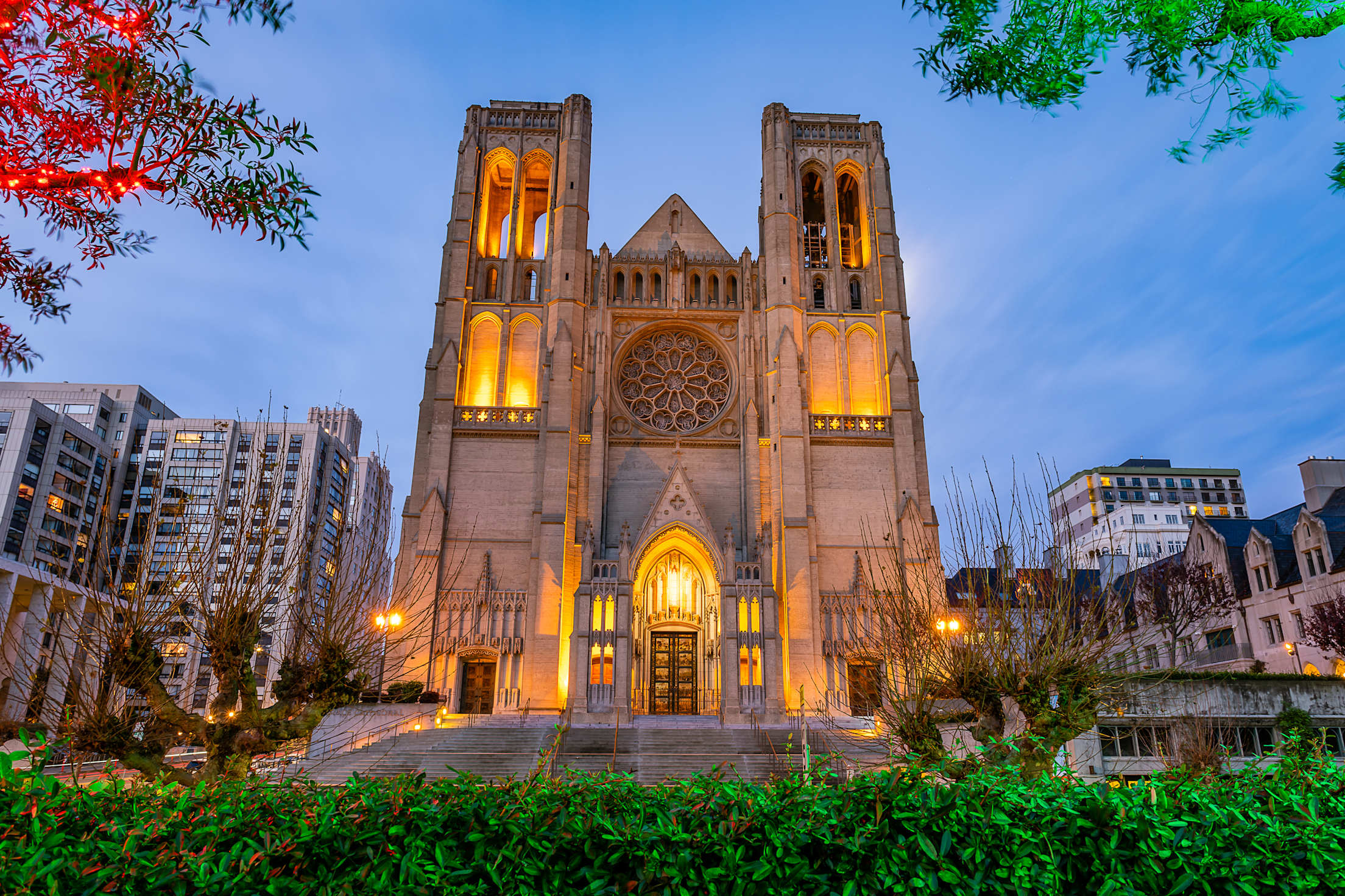 Grace Cathedral aglow just after sunset in downtown San Francisco.