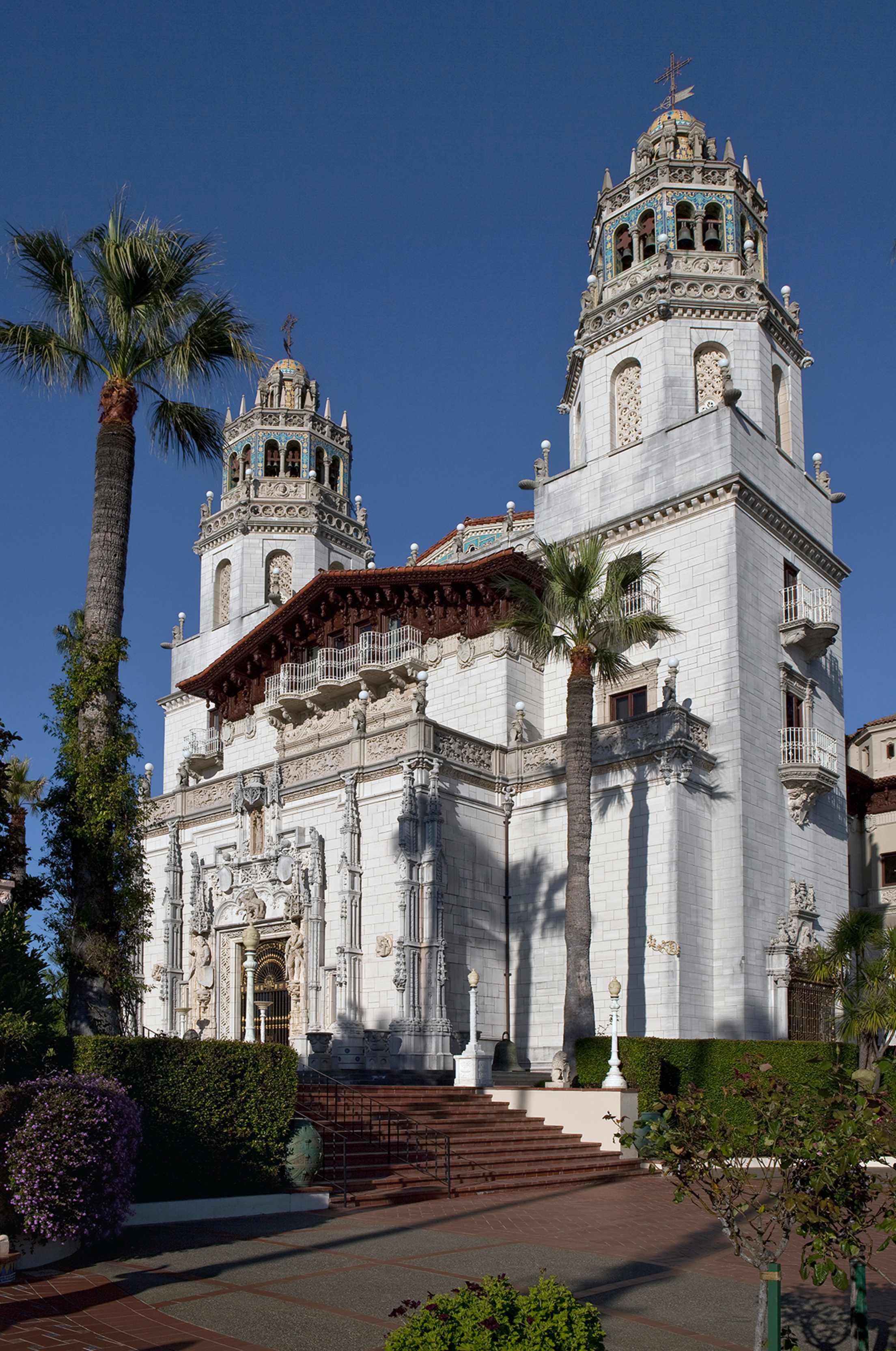 The white facade of Casa Grande at Hearst Castle.