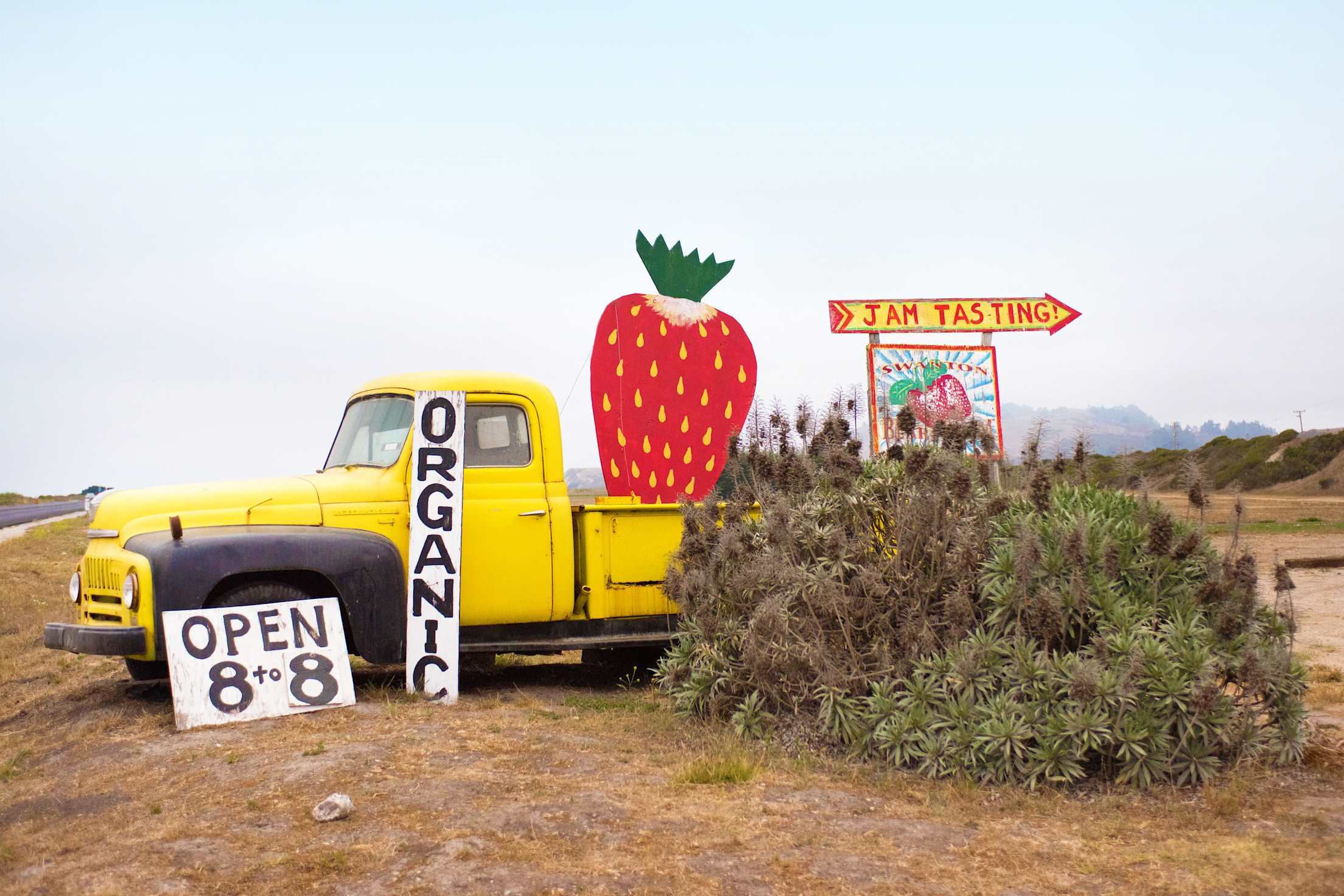 A vintage yellow truck with hand-painted signs mark the entrance to Swanton Berry Strawberry Farm outside Santa Cruz, California.
