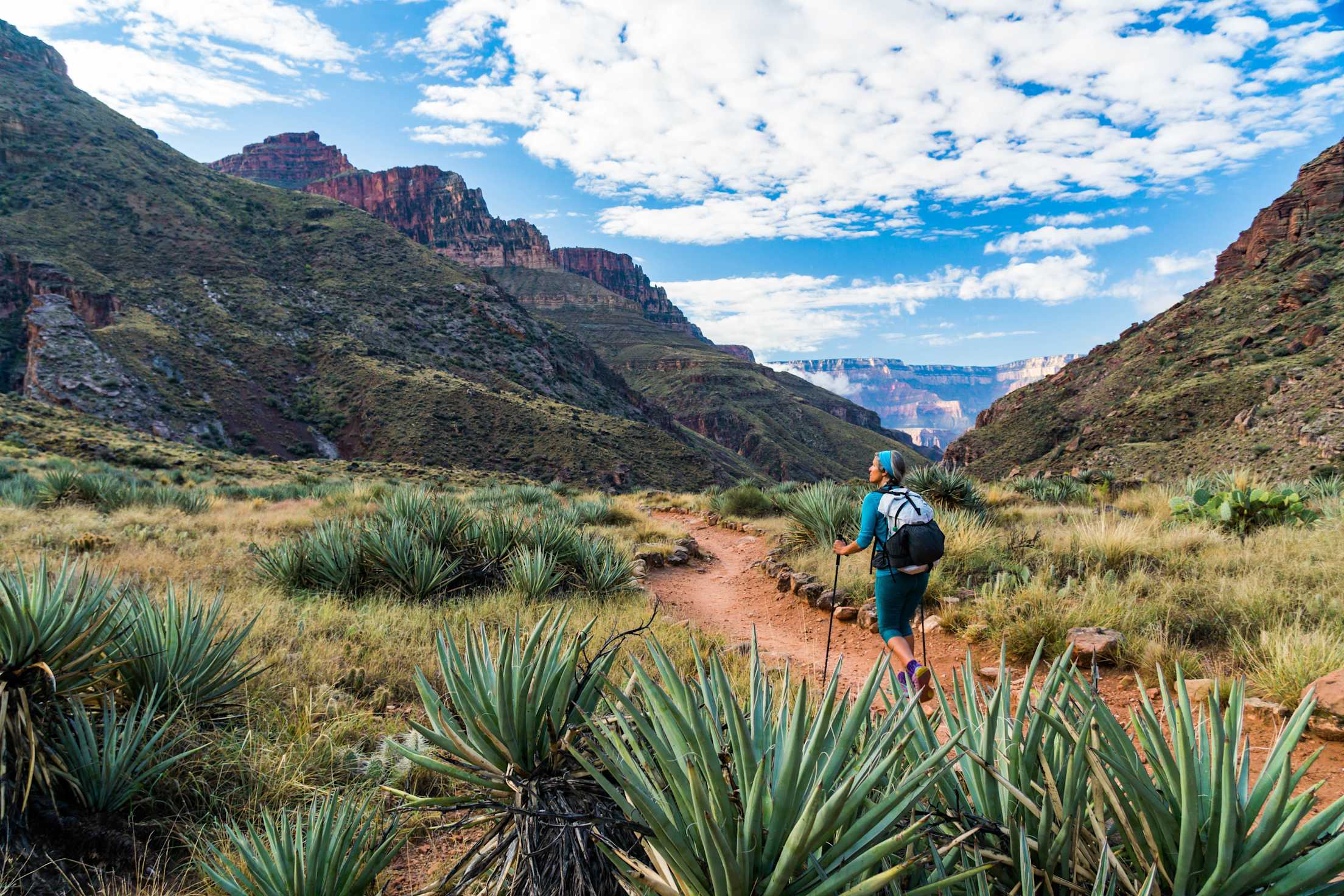 A hiker on the North Kaibab Trail in the Grand Canyon's North Rim area.