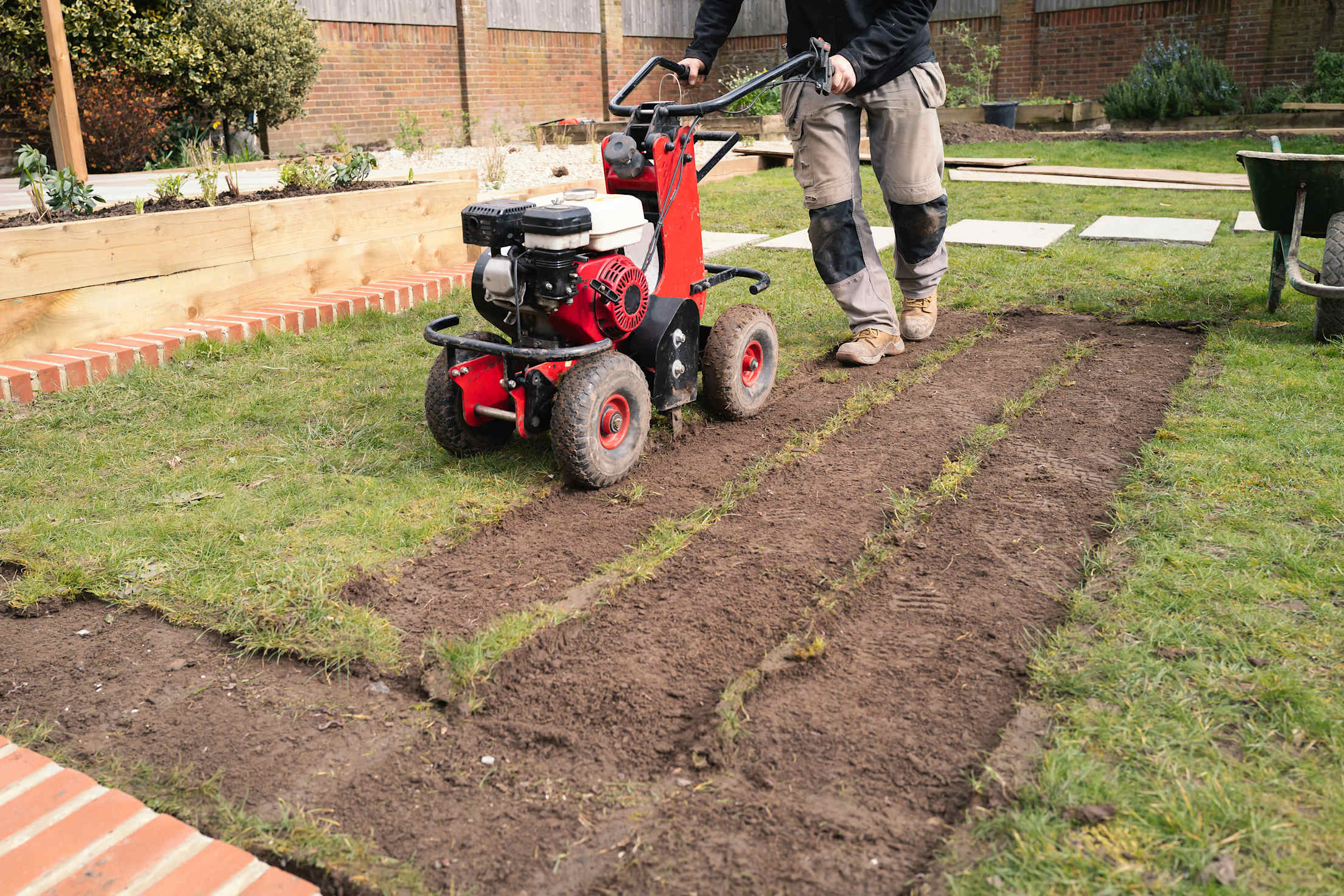 A homeowner uses a sod cutter to remove the lawn in their backyard.