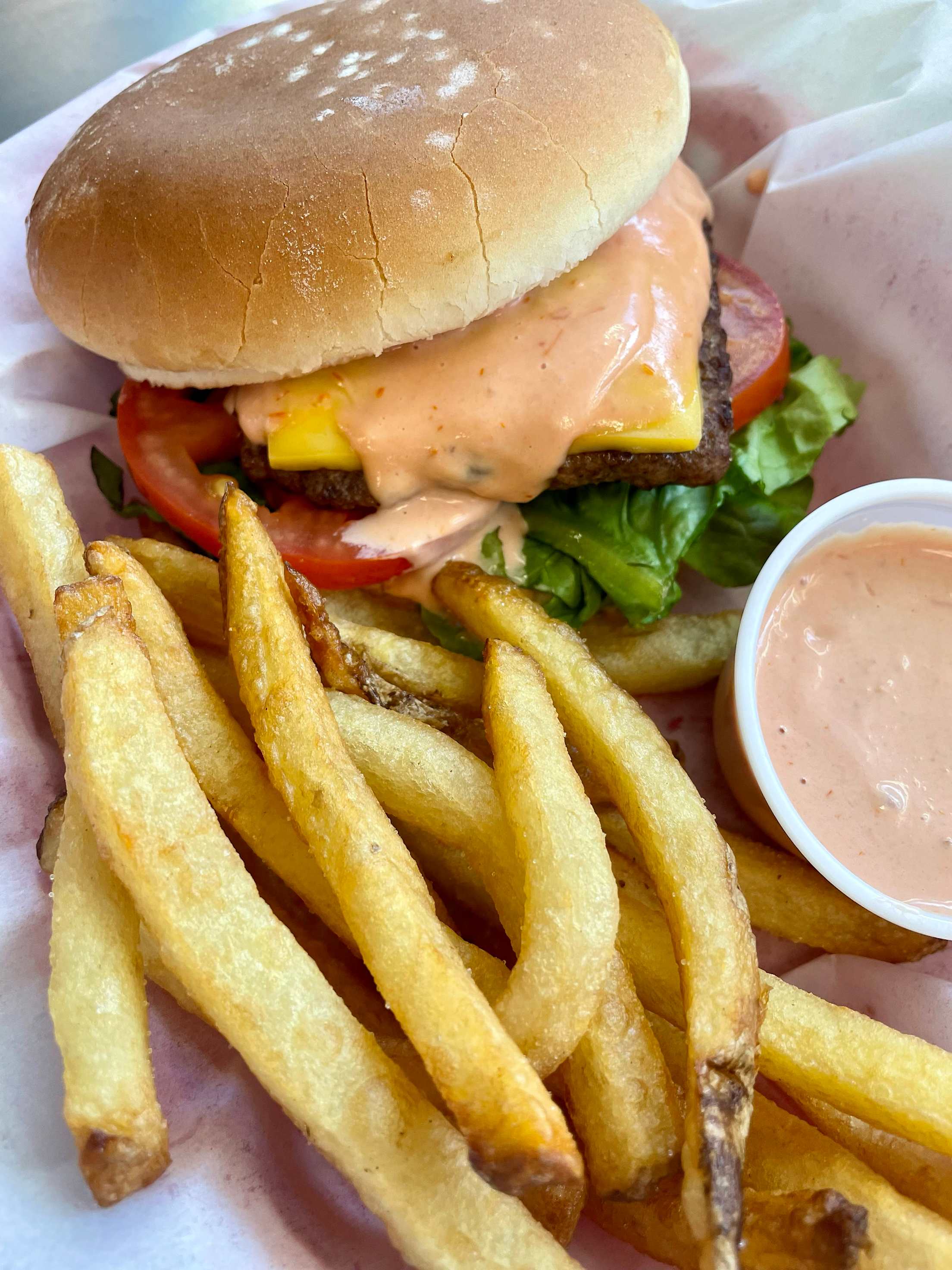 Burger and fries with special sauce from Hires Big H in Salt Lake City, Utah.