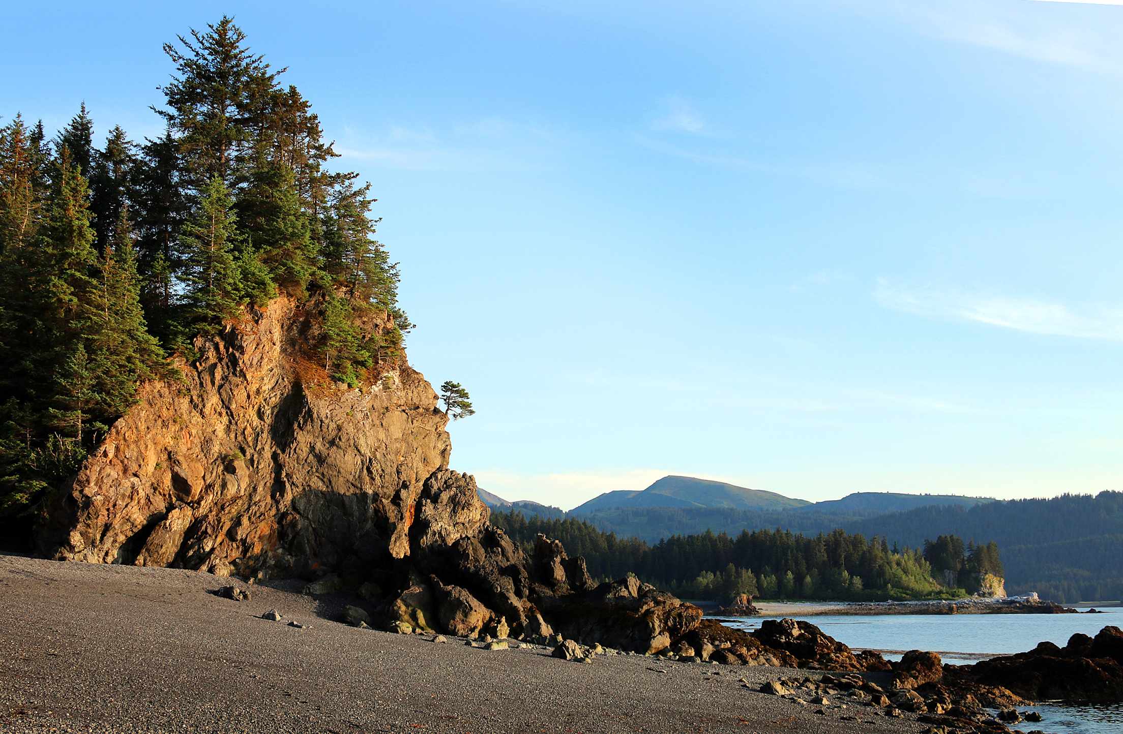 Sandy beach in Seldovia, Alaska on a sunny summer day.