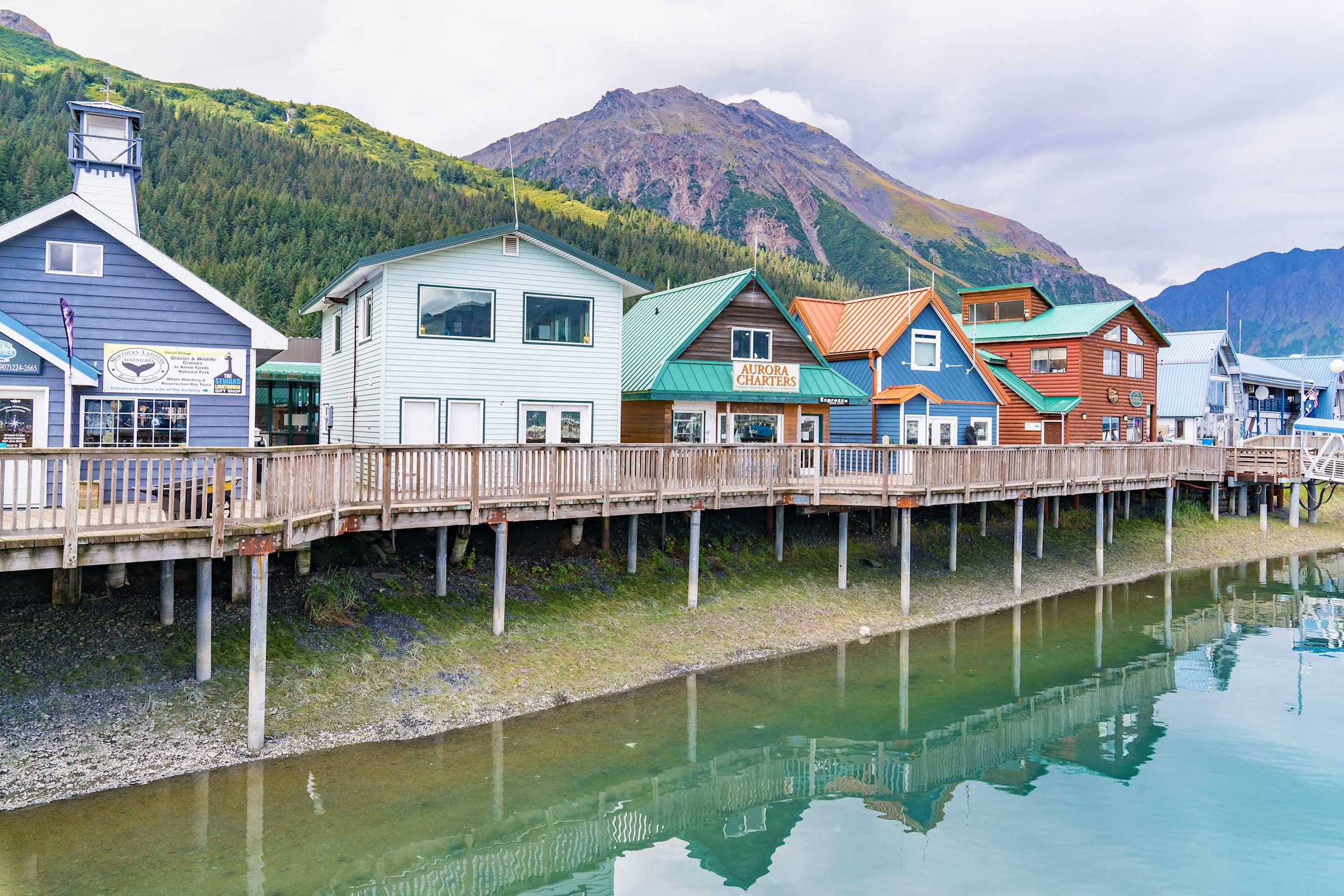 Colorful shops along the harbor of Resurrection Bay.