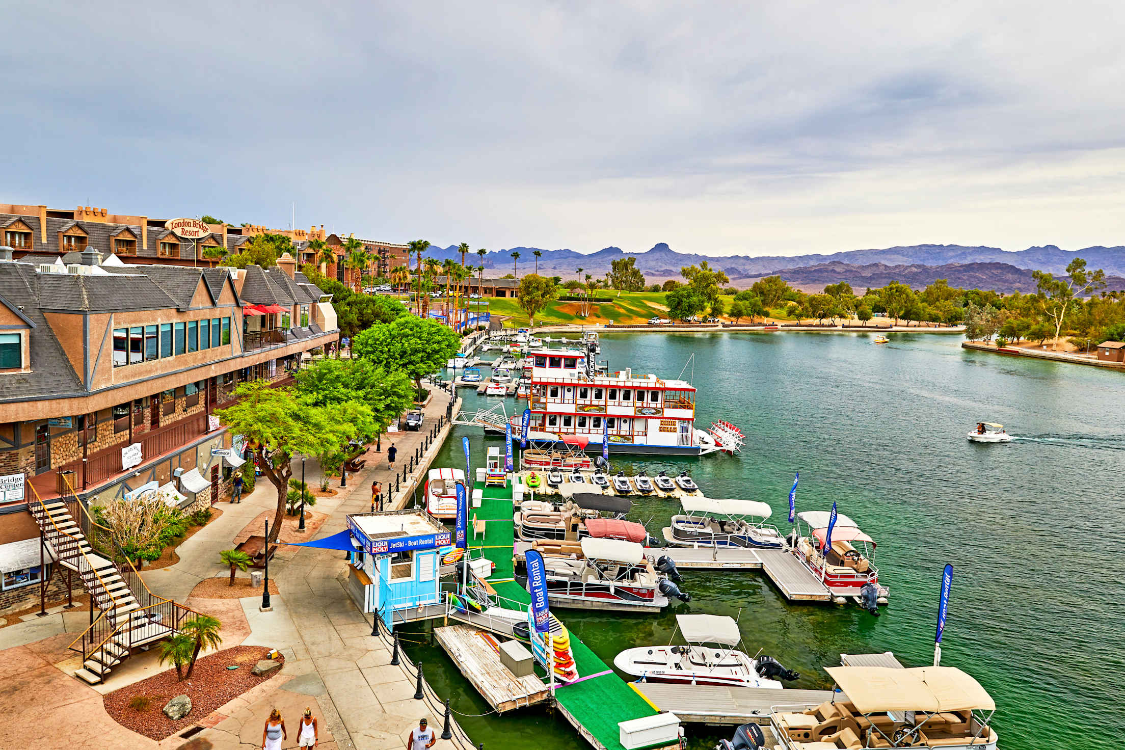 View of a Lake Havasu, Arizona dock taken from the the London Bridge.