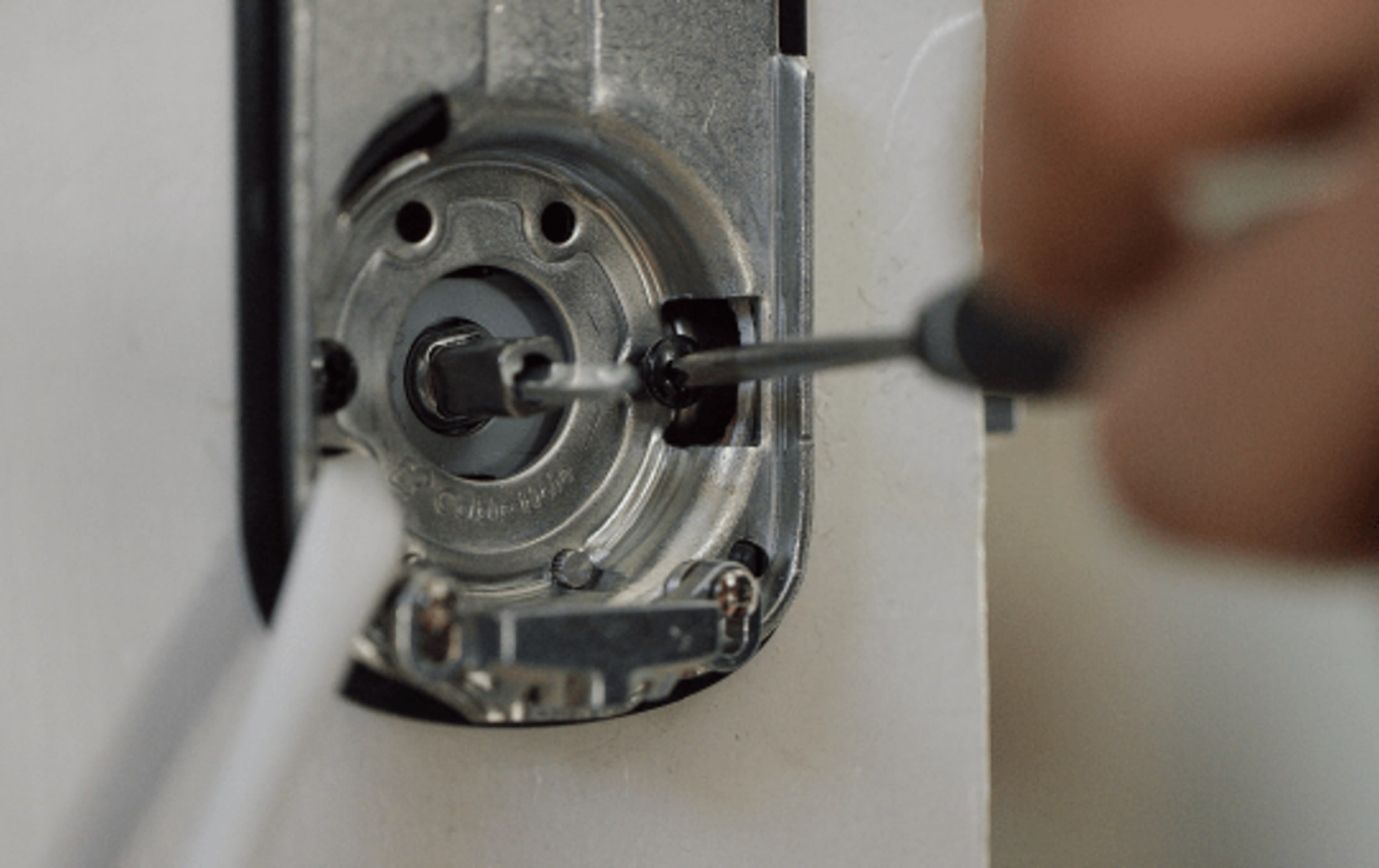 The mounting plate on the interior side of the door frame is secured with a long bolt.