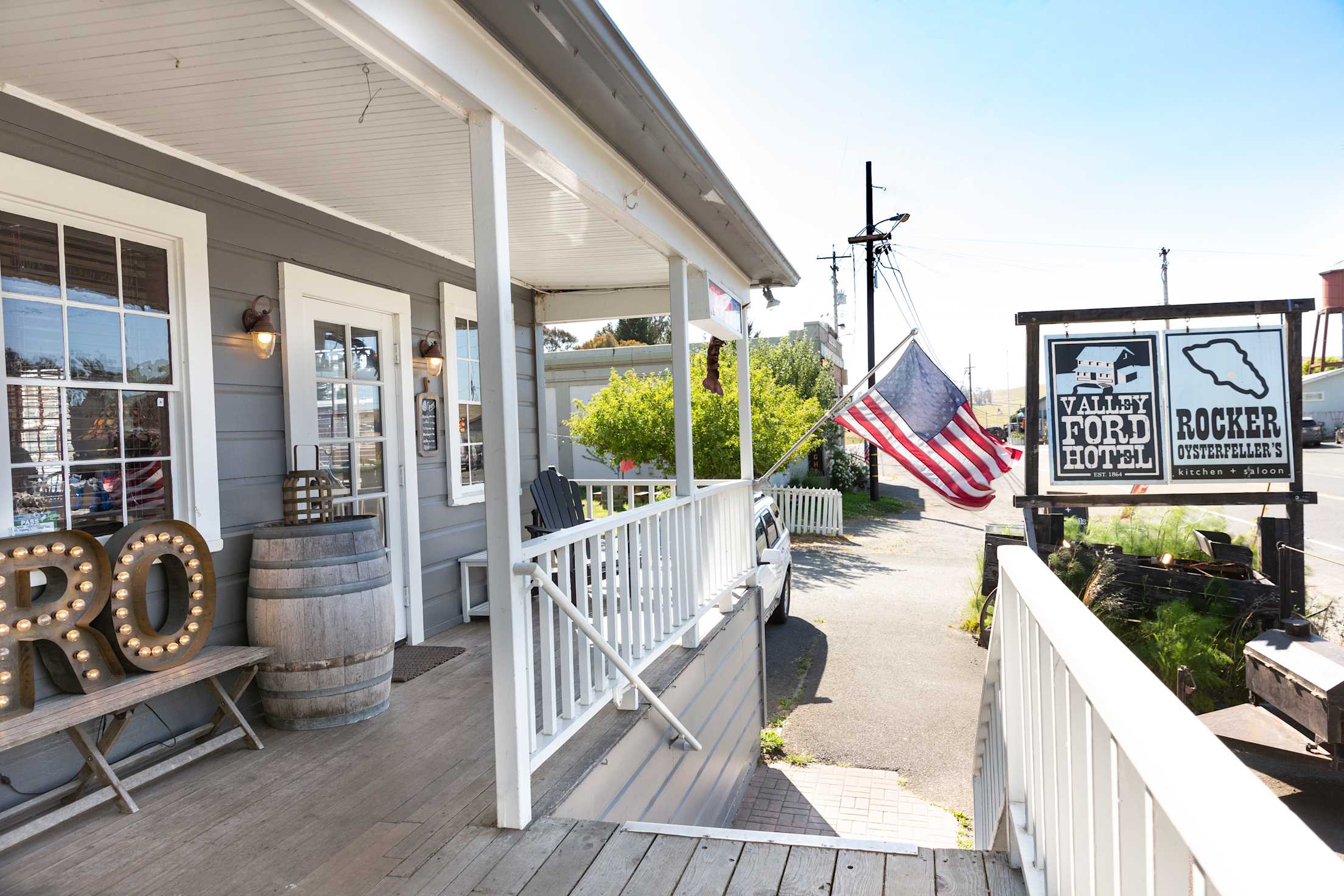 The porch at Rocker Oysterfeller's restaurant in Bodega Bay, California