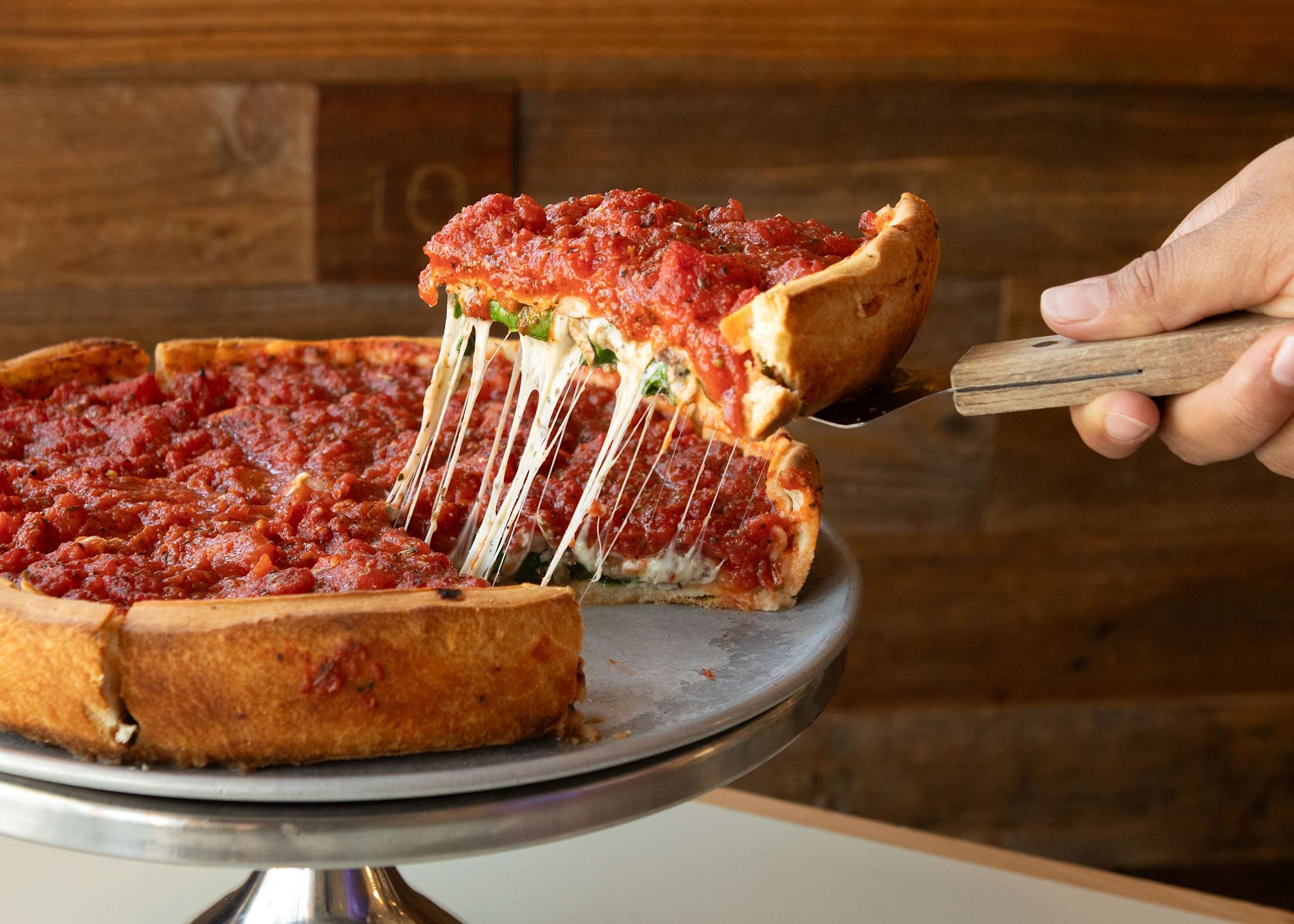 Zachary's Chicago Pizza spinach and mushroom deep dish pizza in Oakland, California.