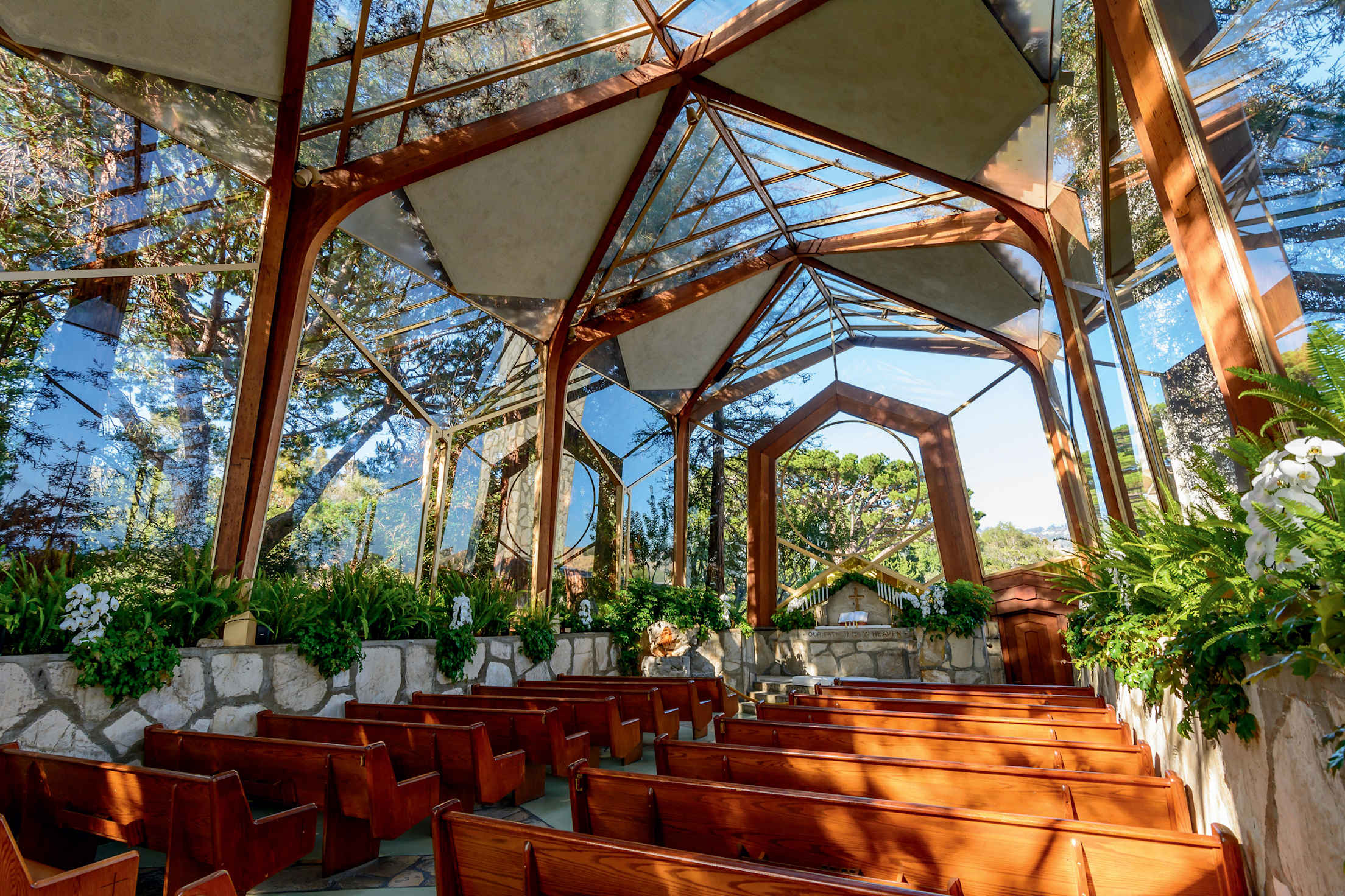 Wayfarers Chapel interior on a bright sunny afternoon in the west coast city of Rancho Palos Verdes