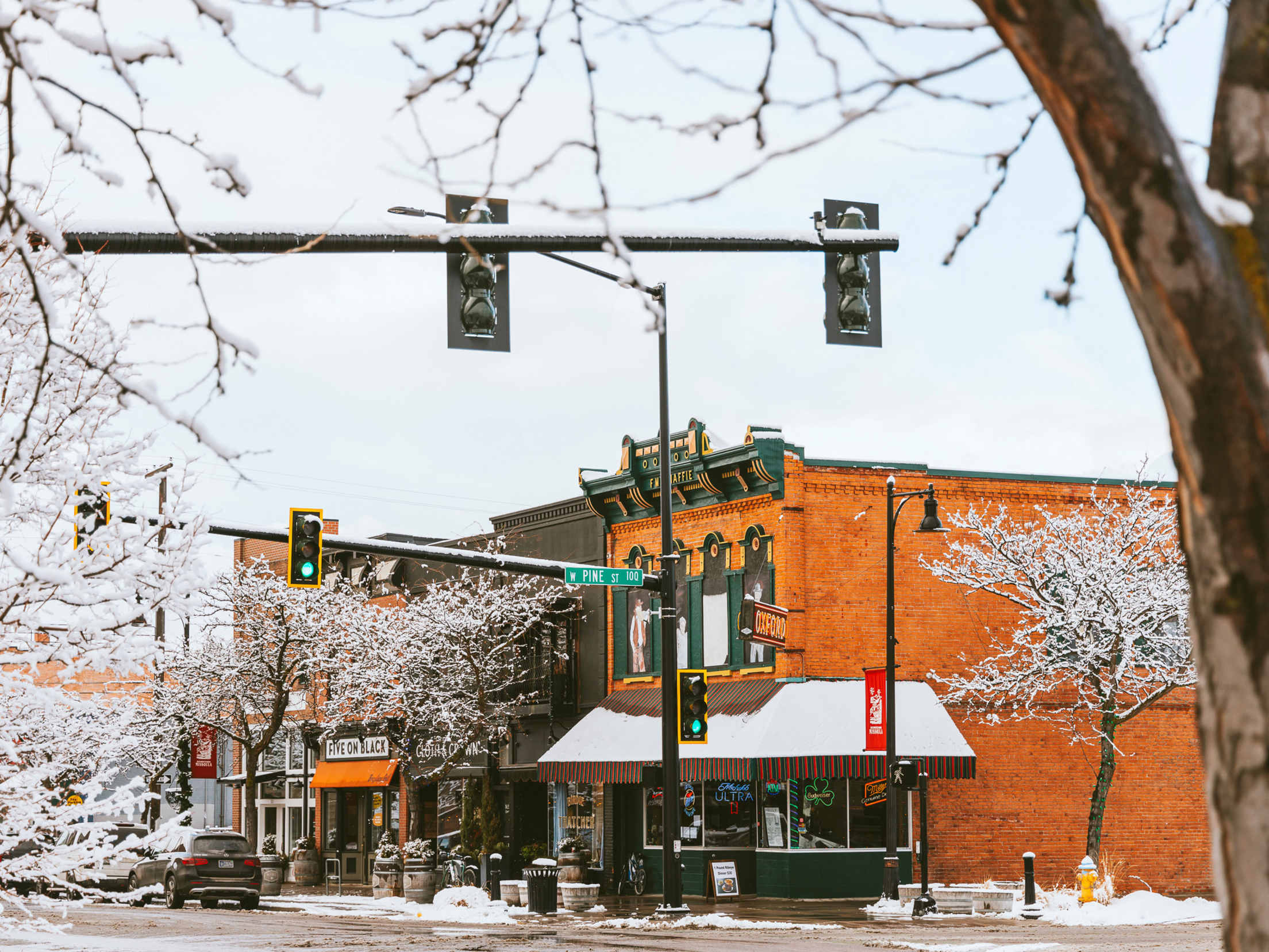 The Oxford Cafe in Missoula, Montana, dusted in snow