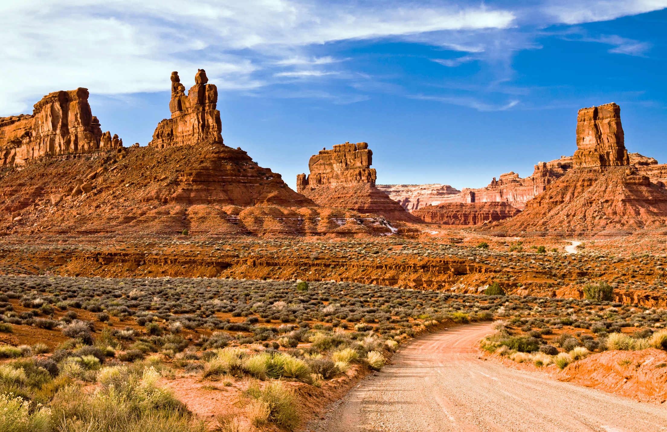 A dirt road through Valley of the Gods in Utah.