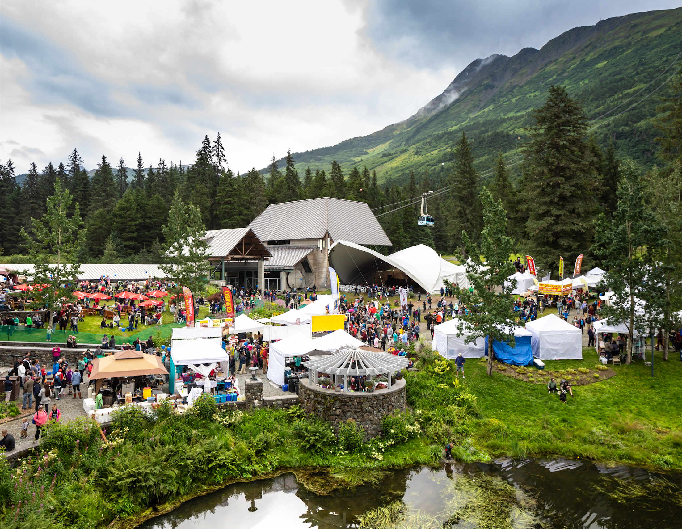 Tents line the base of the mountain at Alyeska Resort in Alaska.