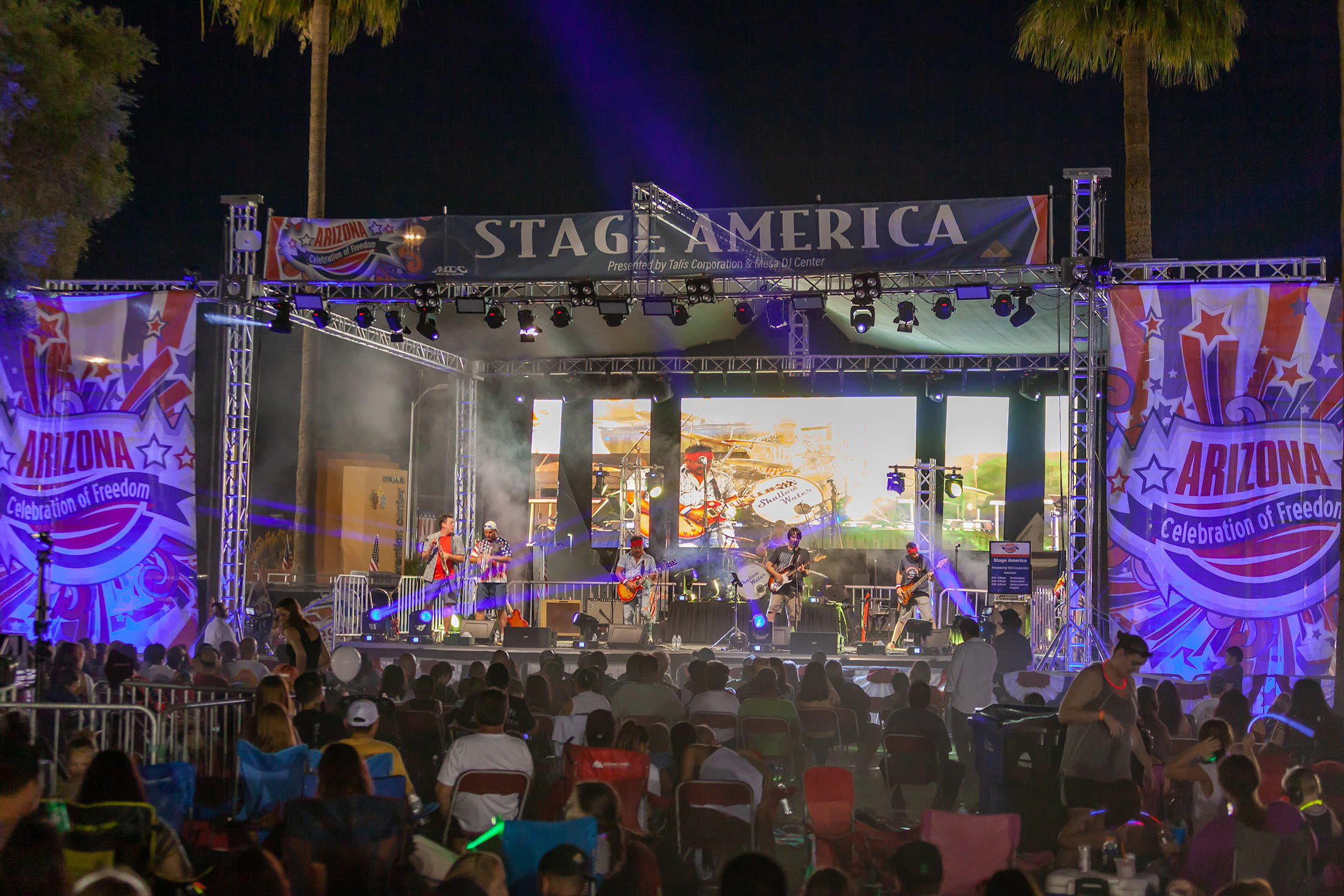 A band plays on Stage America during Mesa, Arizona's 4th of July celebration.