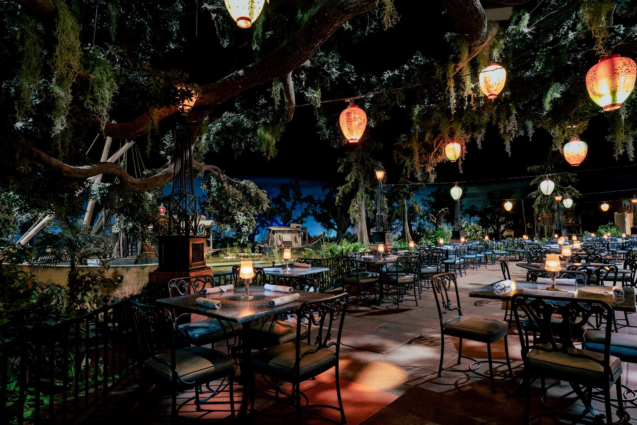 Inside the empty Blue Bayou restaurant at Disneyland Resort.
