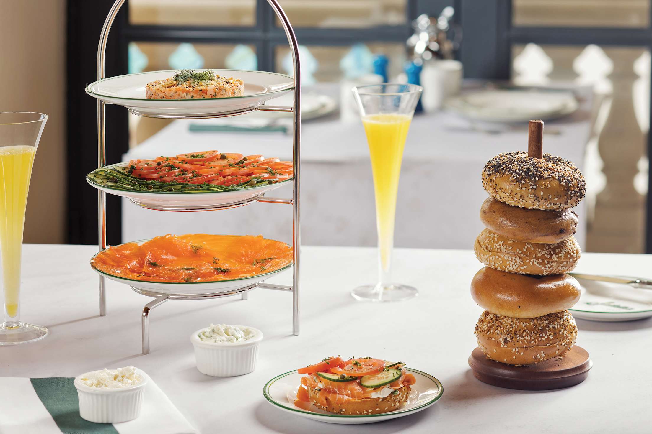 Salmon tower and bagels on a brunch table at Sadelle's inside the Bellagio, Las Vegas.