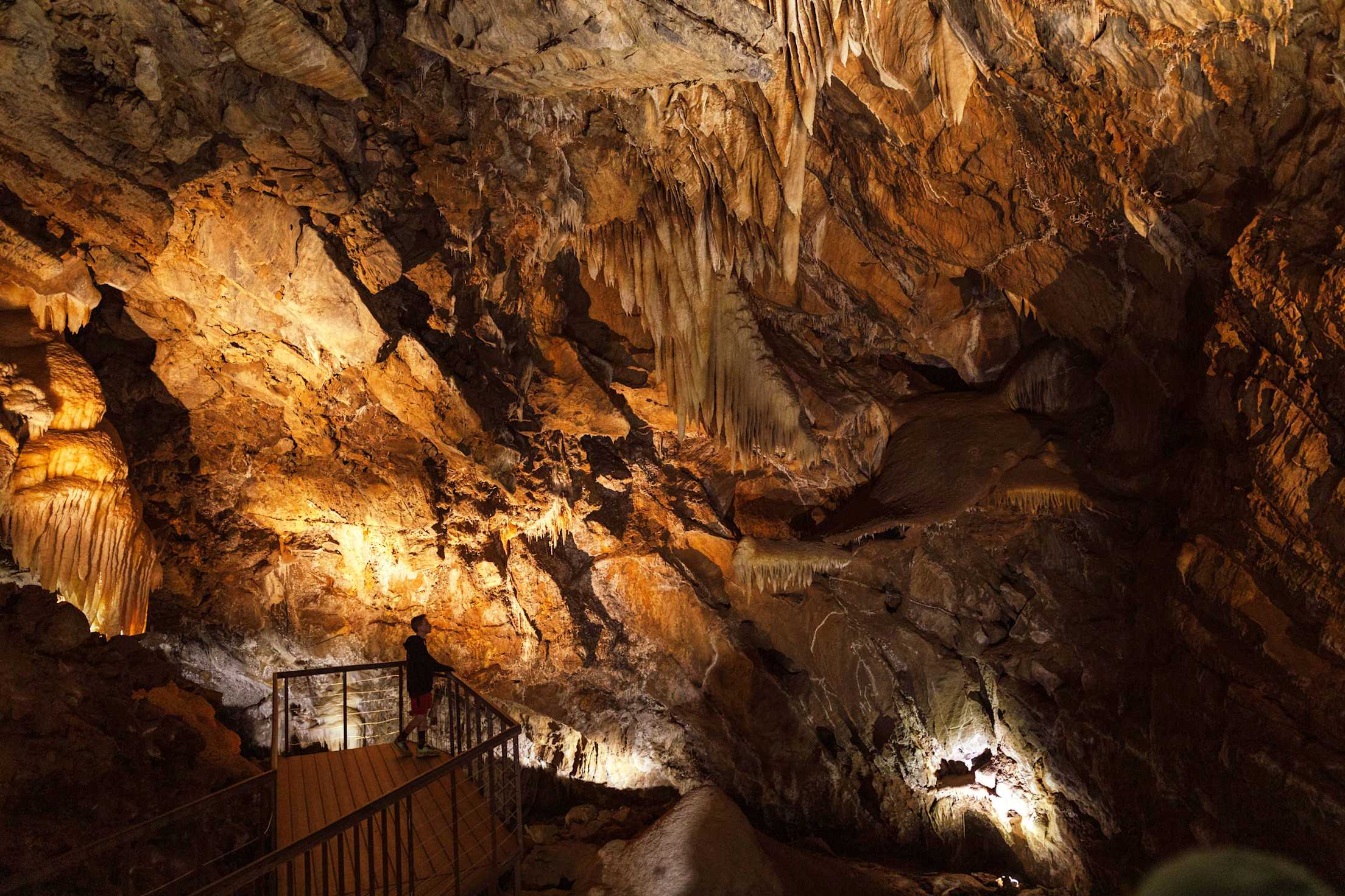 A visitor stands inside Black Chasm Cavern in Volcano, California.