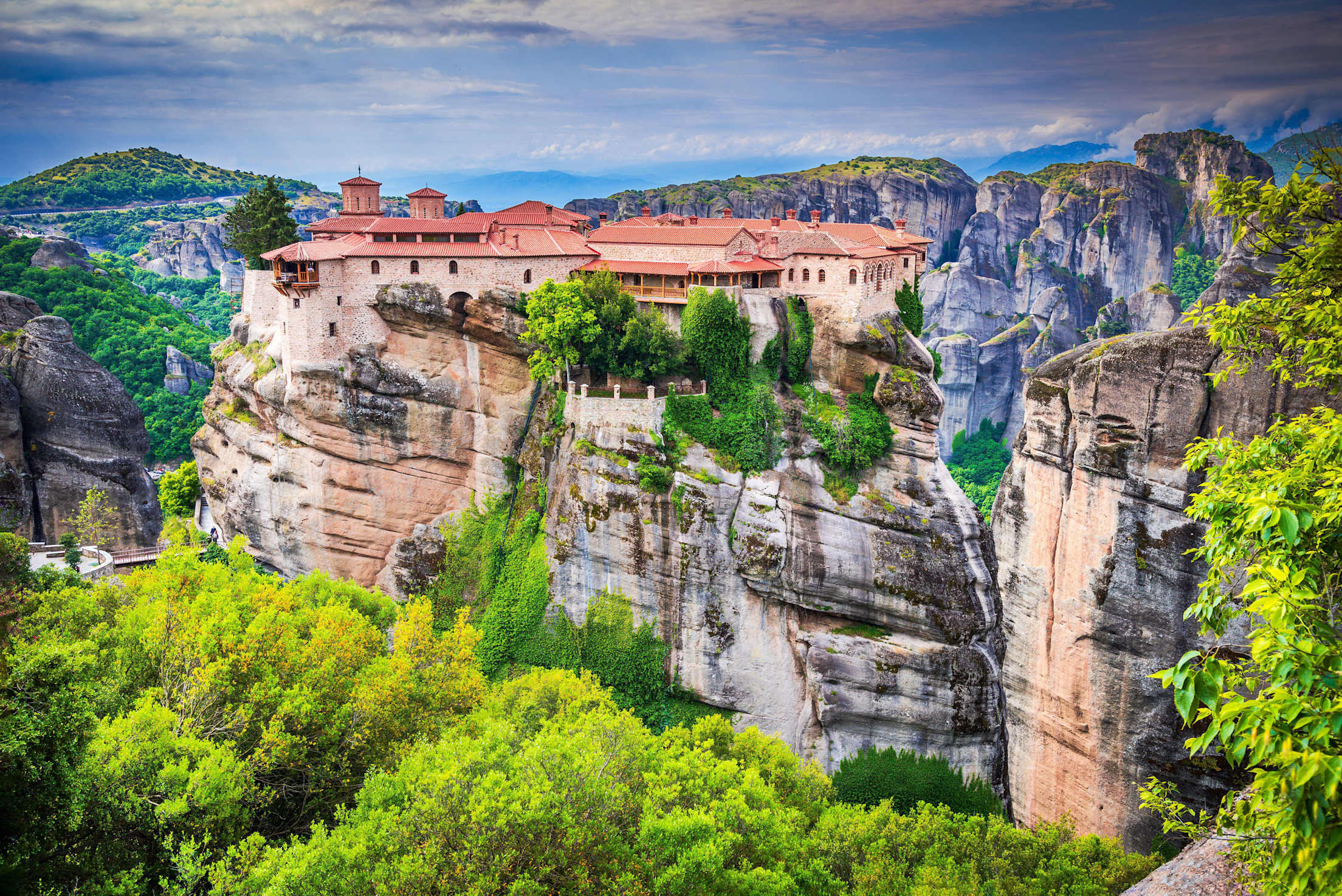 Monastery of Varlaam perched on a cliff in Meteora, Greece.