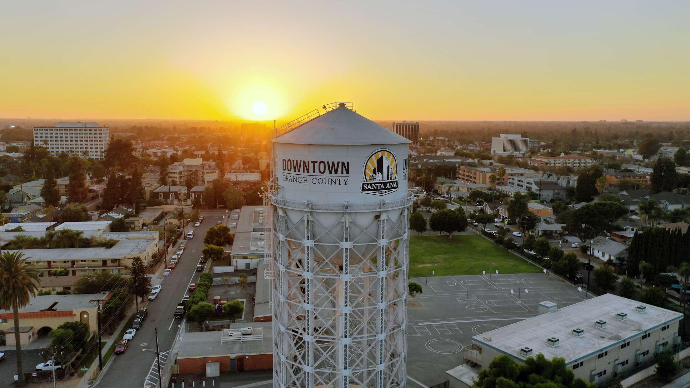 The downtown Santa Ana water tower at sunset.