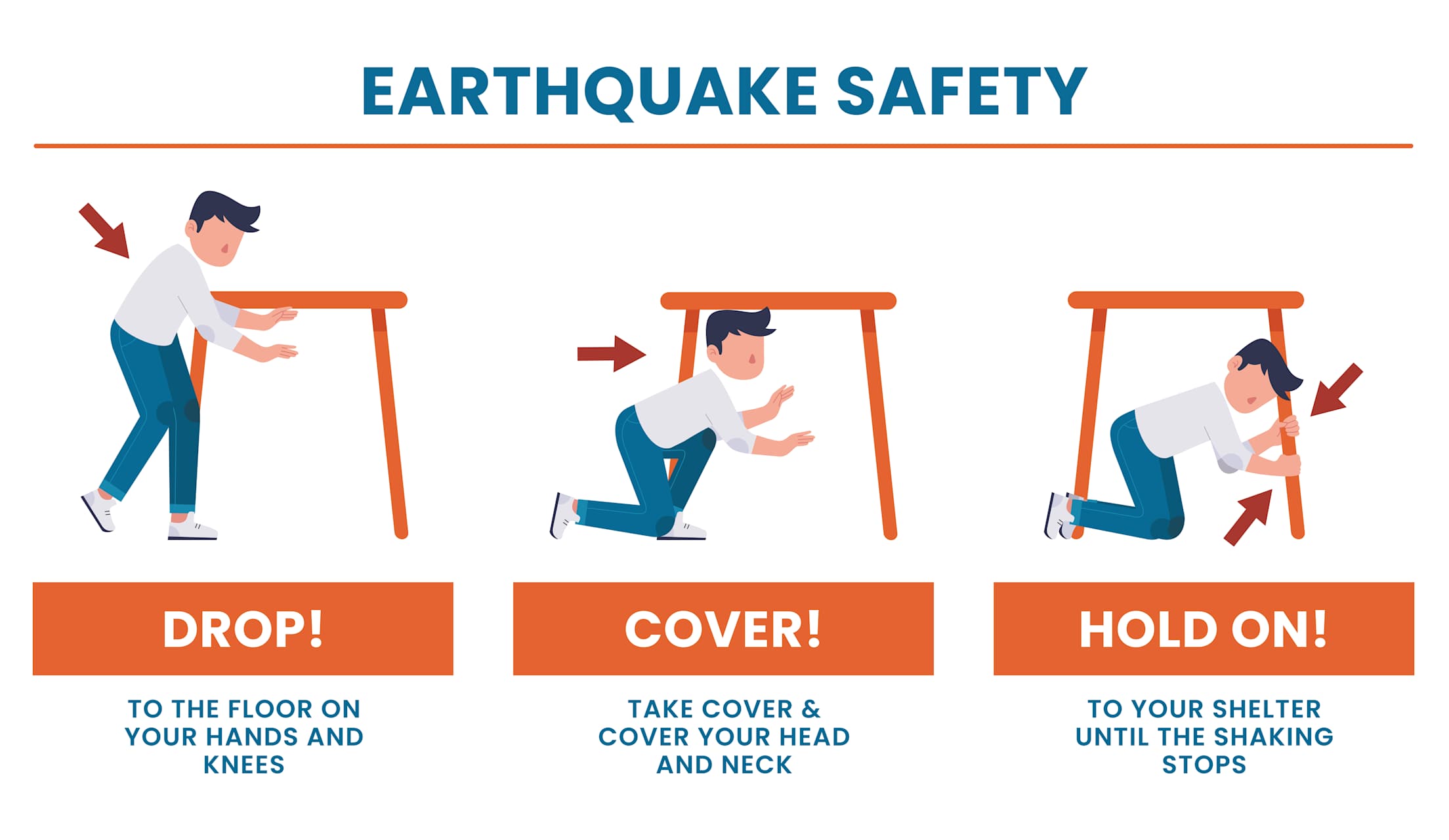 Drop, cover, hold on earthquake safety infographic.