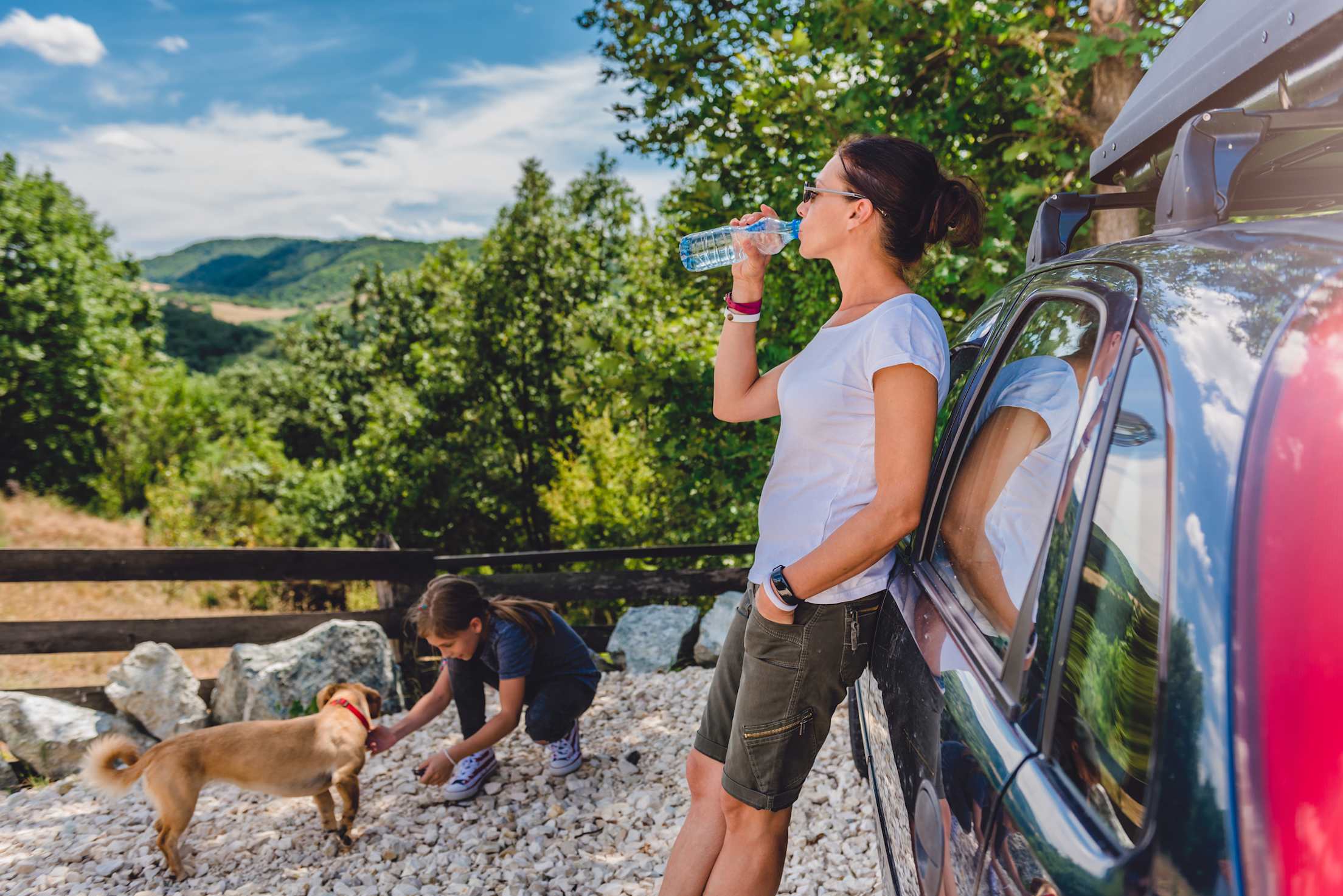 A woman and her daughter take a break with their dog at a rest stop.