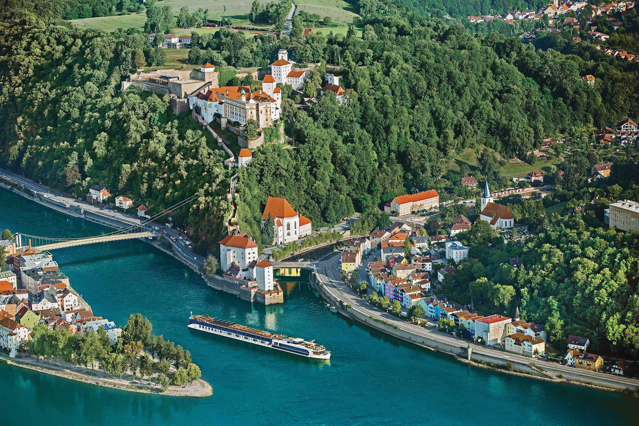 Aerial photo of AmaPrima cruise ship outside Passau, Germany.
