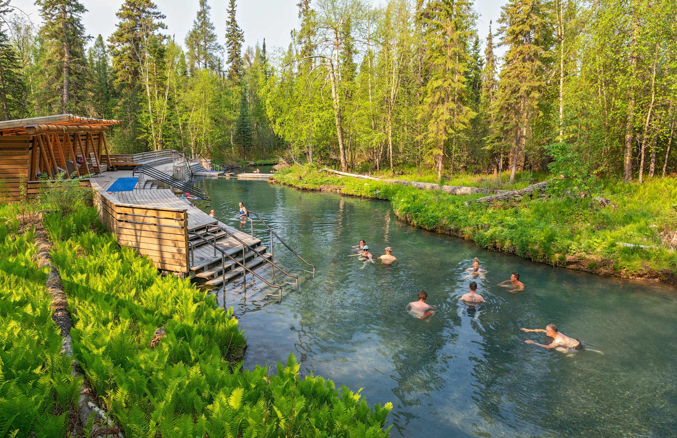 a group of seven peple swim in hot springs next to green trees and a wooden step structure
