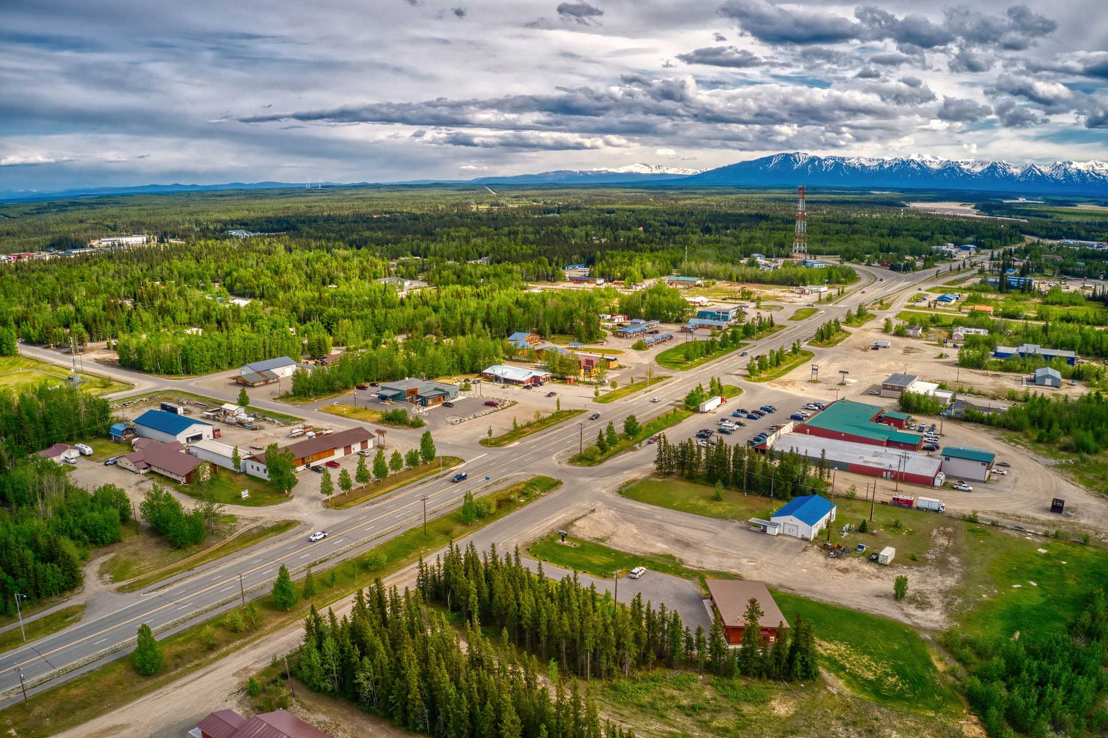 an aerial view of a town in Alaska with lots of trees