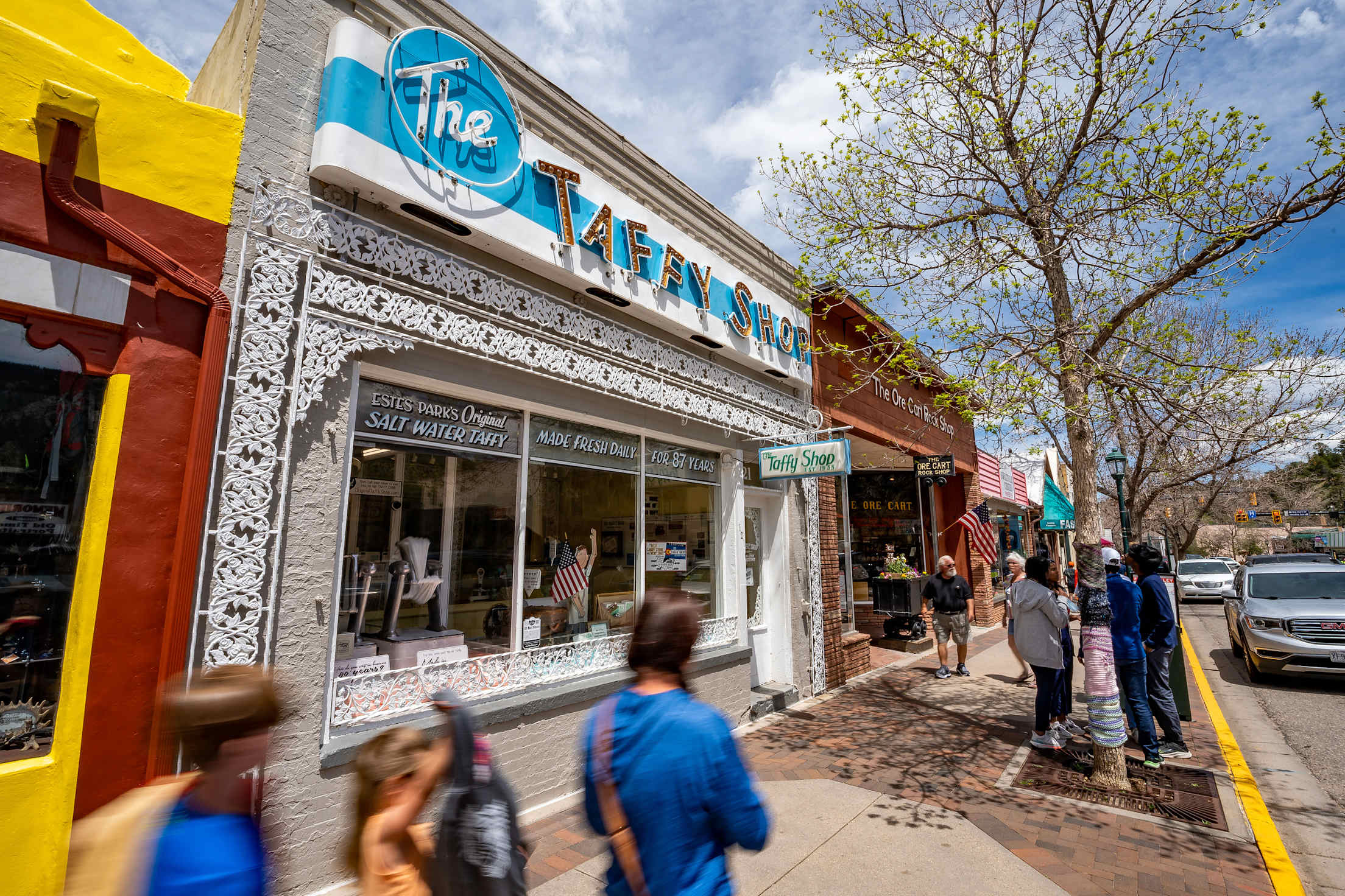 The street view of a retro modern taffy shop