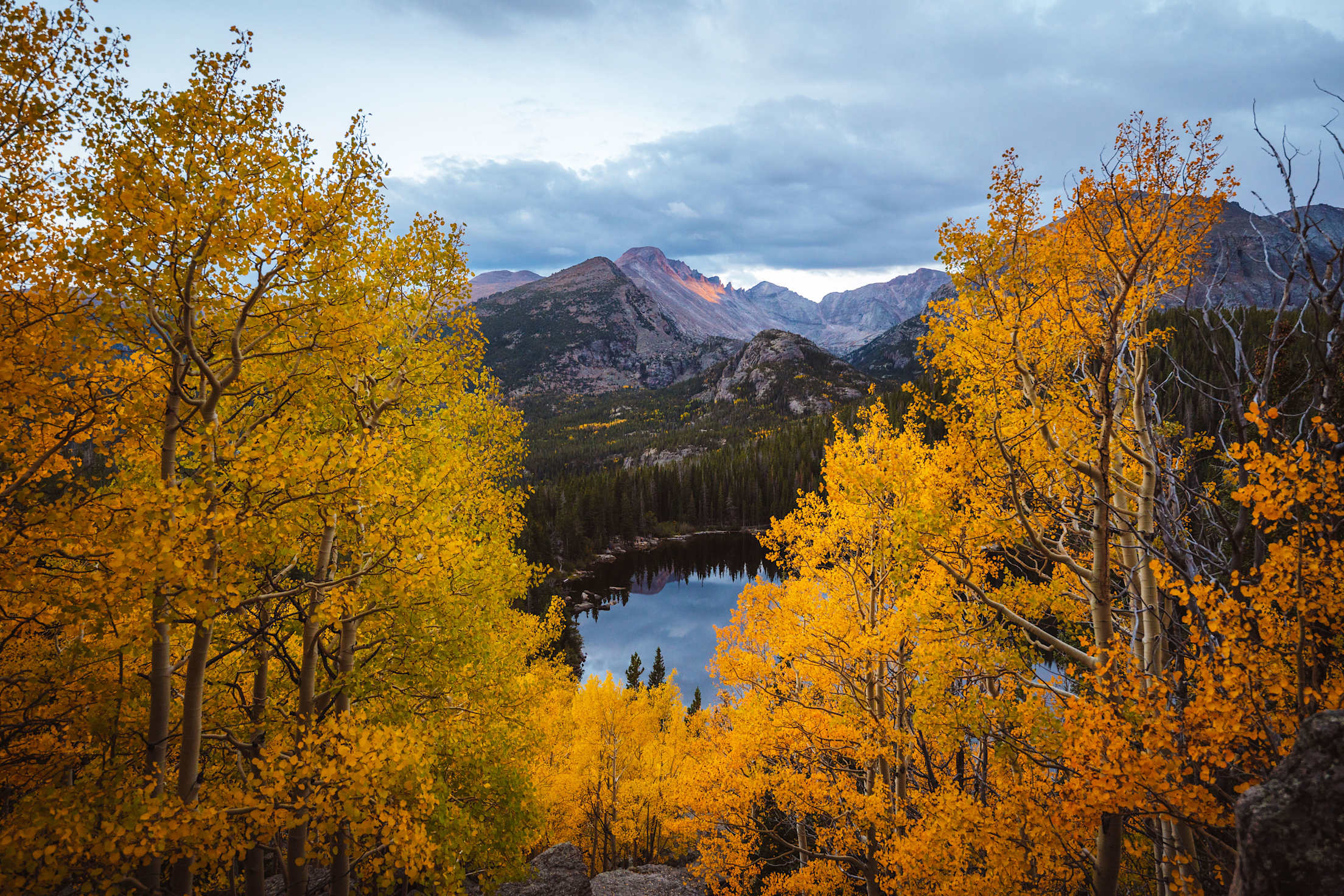 Golden aspens frame a view of a mountain lake.