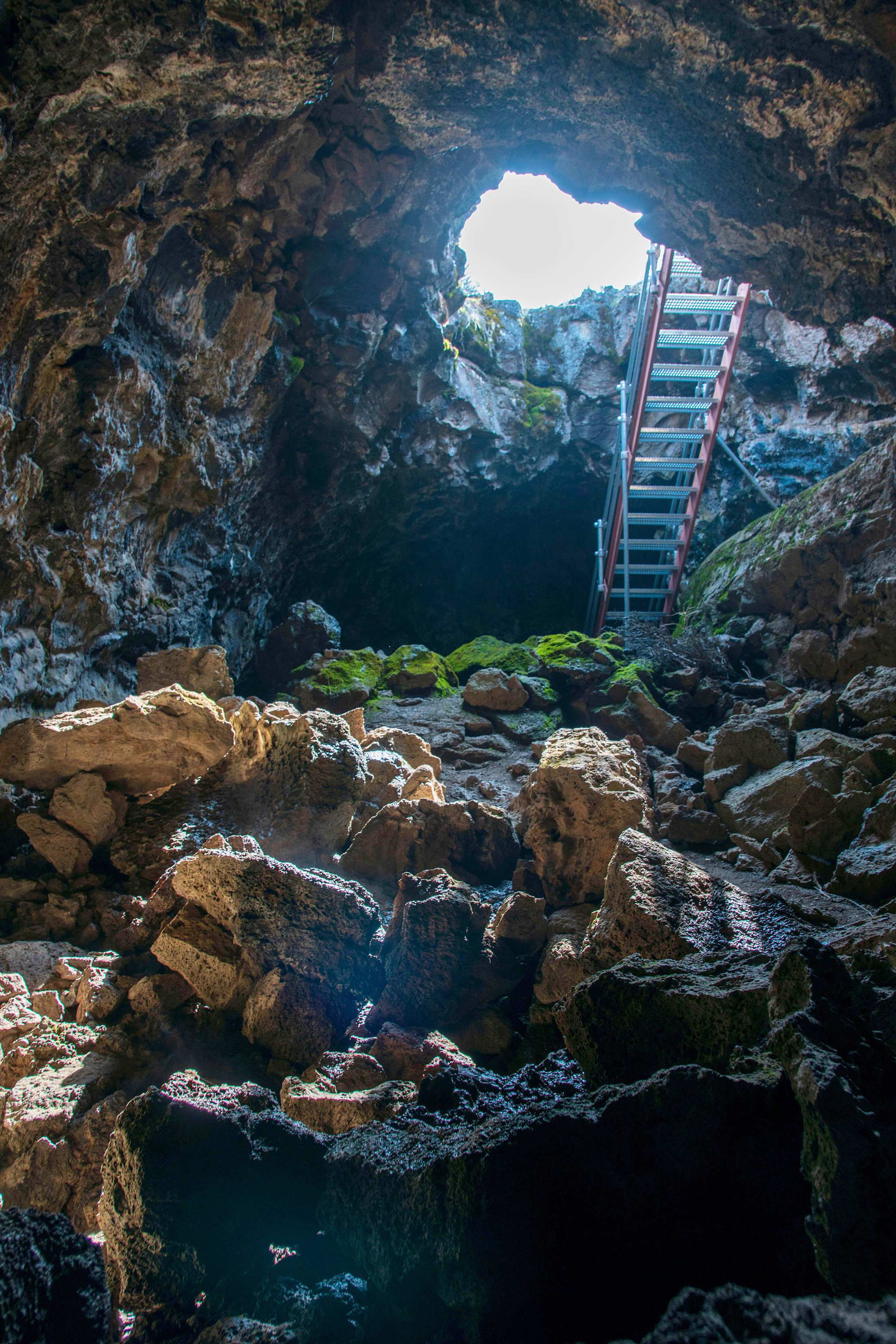Underground stairs in Lava Beds National Monument, California.