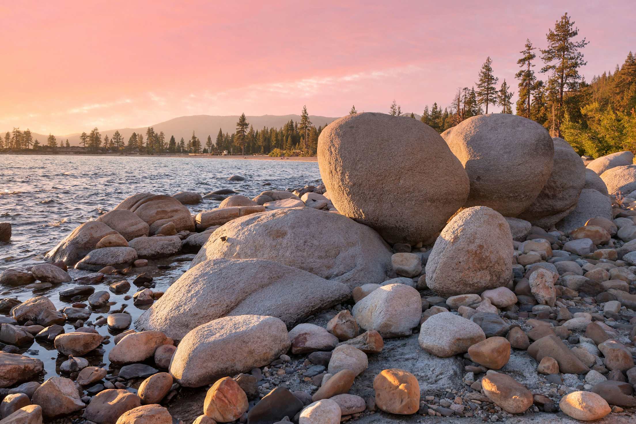 Boulders on the shore of Sand Harbor Beach on Lake Tahoe. 