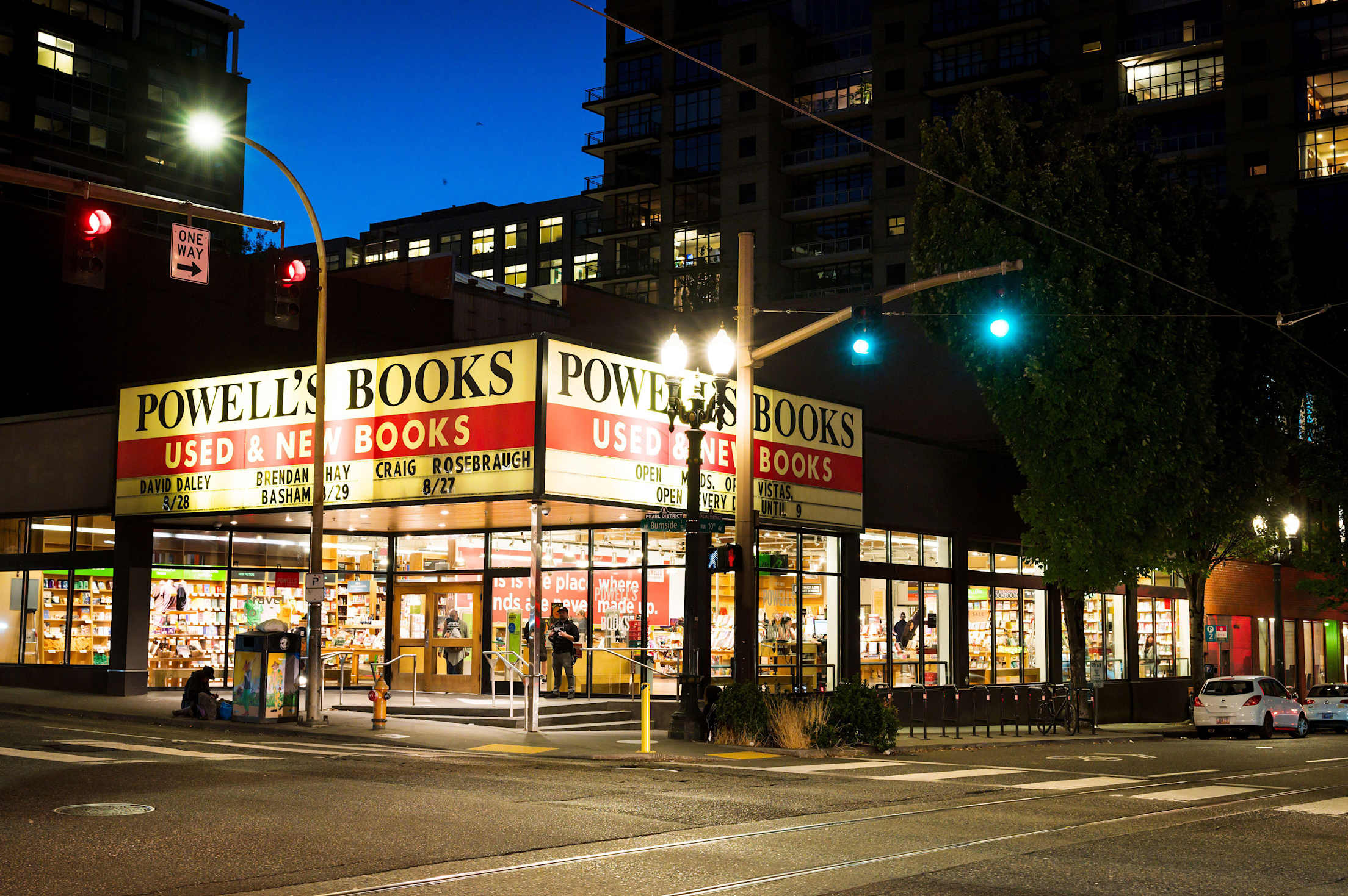 A nighttime corner view of Powell's bookstore