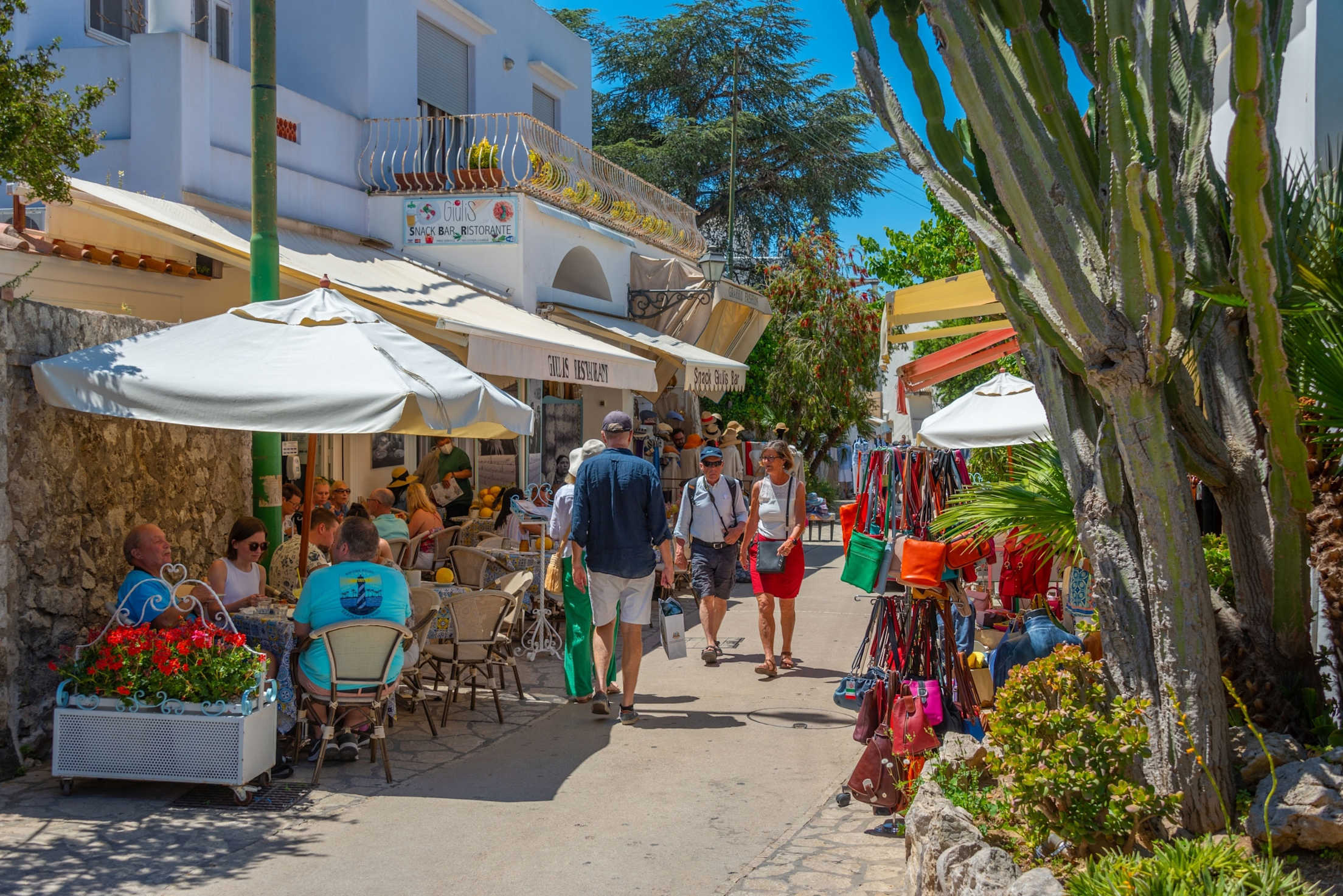 Restaurants and street vendors are tucked into Anacapri’s picturesque alleys.