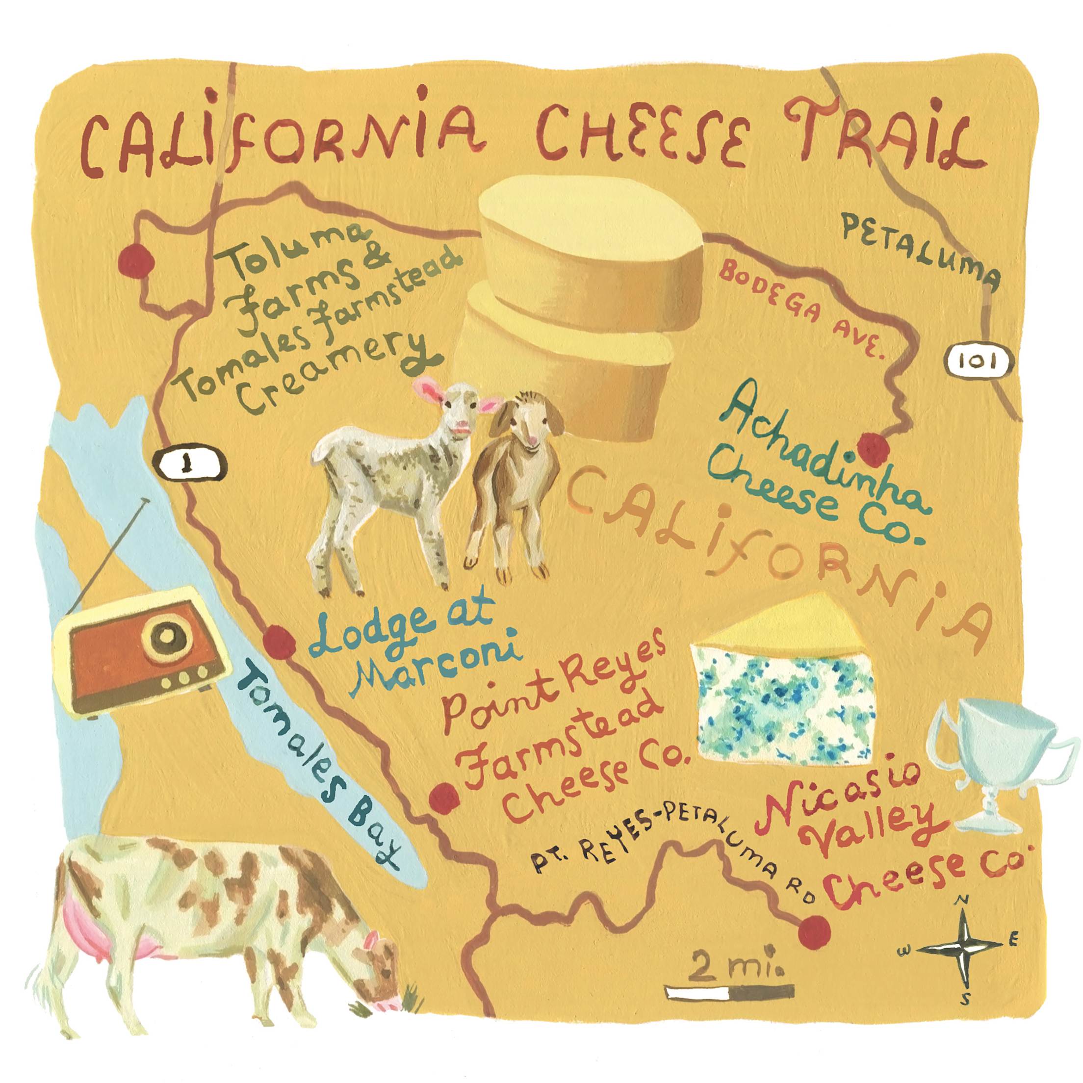 an illustrated map of California with dairy farms and creameries