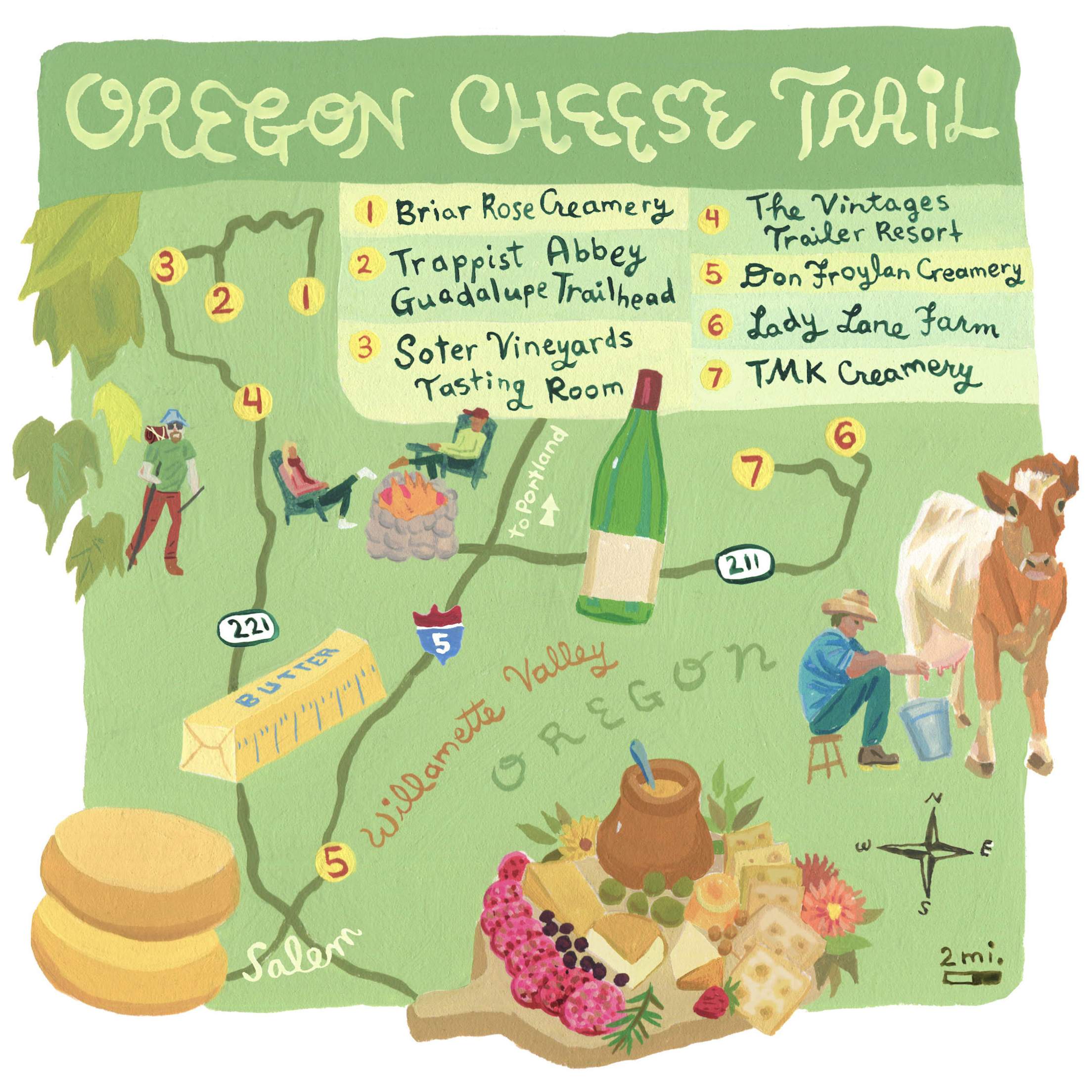 an illustrated map of Oregon with dairy farms and wine bottles