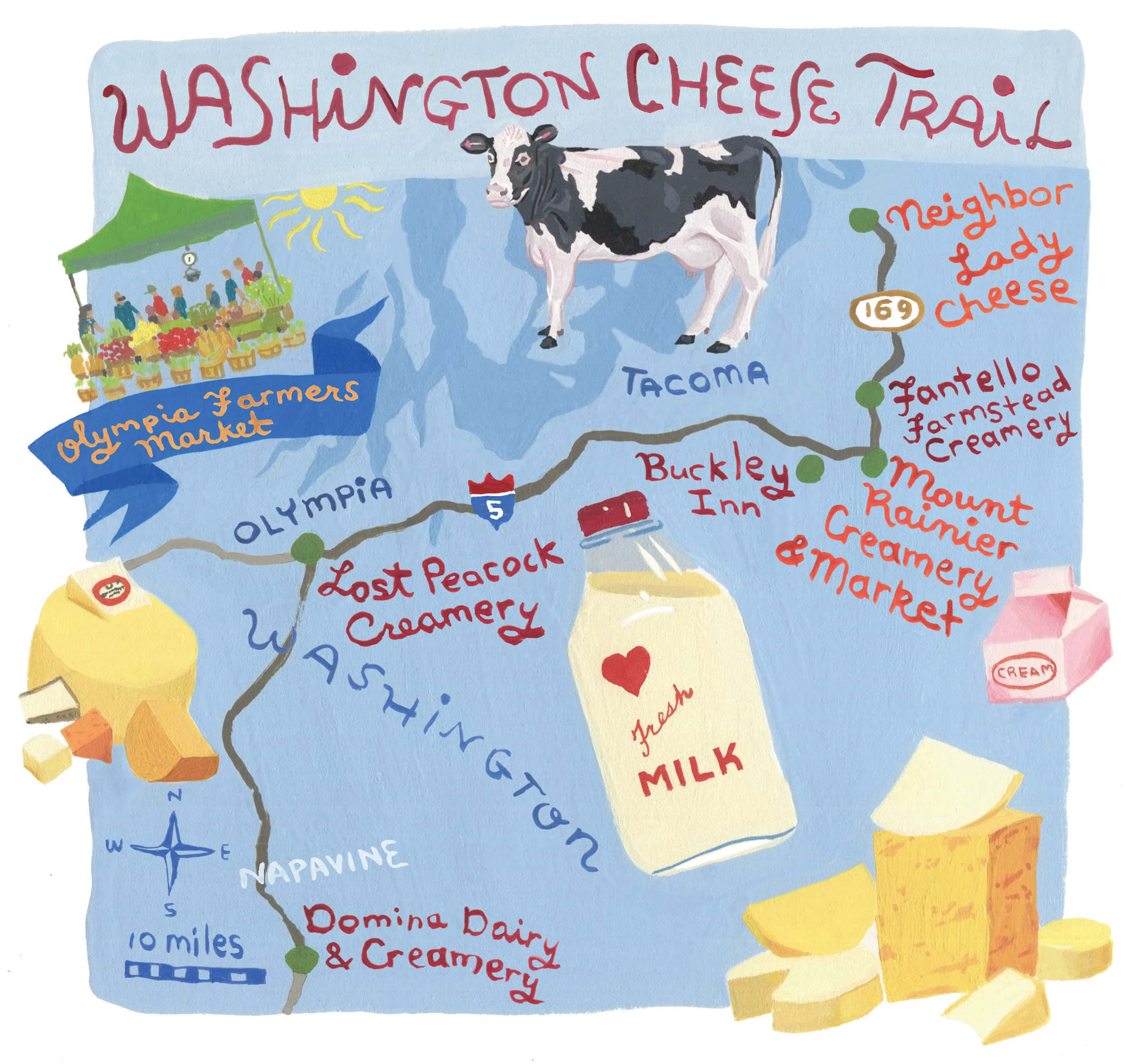 an illustrated map of Washington State's 'cheese trail'